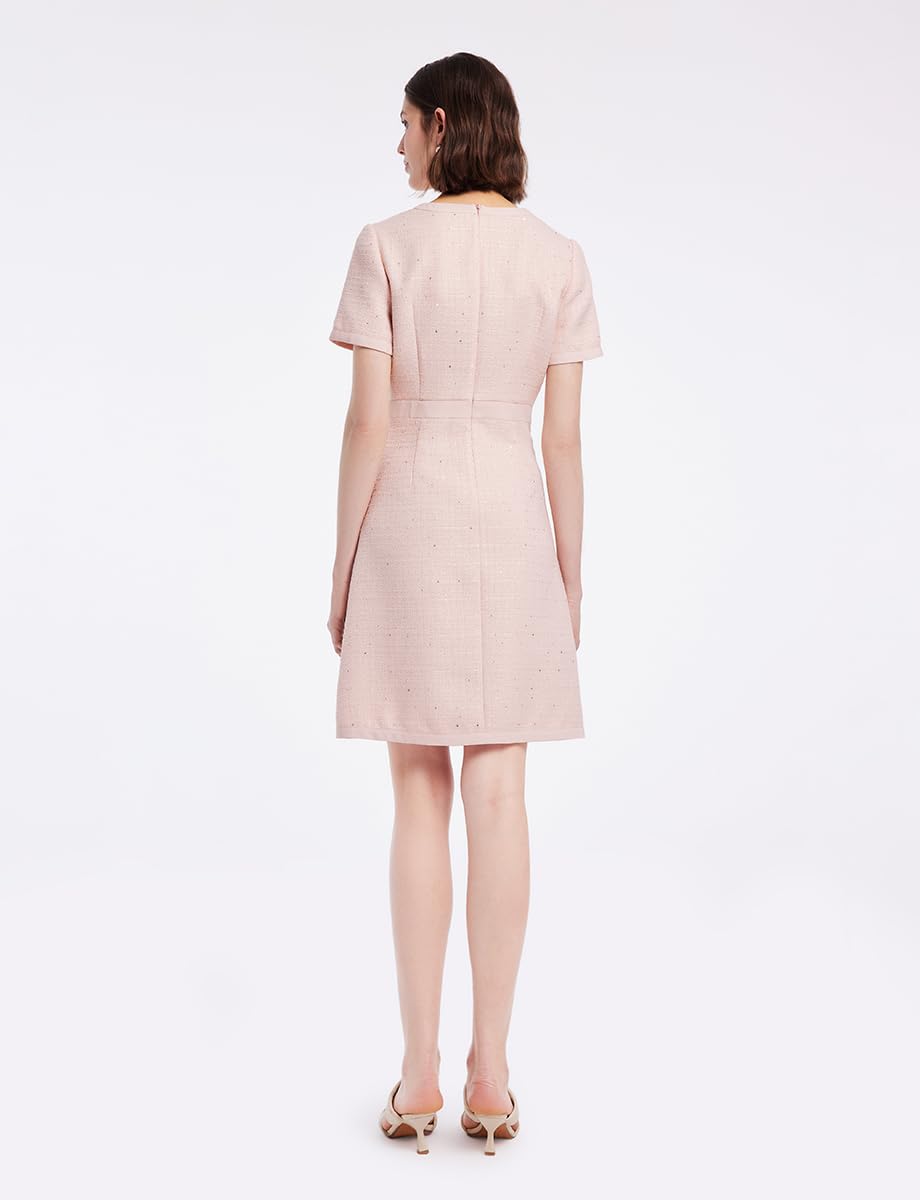Elegant Summer Tweed Dress for Women - Short Sleeve A-Line Mini Dress with Crew Neck & Lace Detail | Perfect for Casual Wear, Office Outfits & Summer Parties