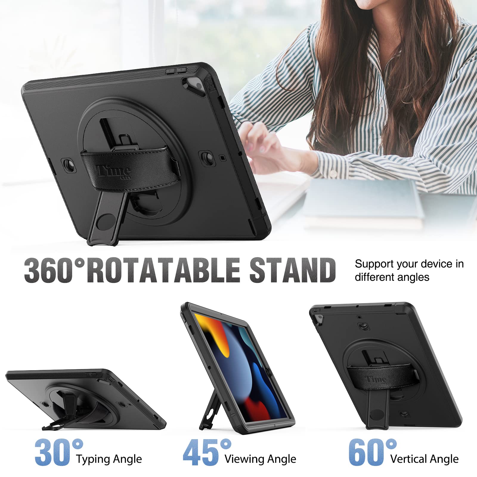 Timecity iPad 7th/8th/9th Generation Case (10.2 inch 2019-2021) - Heavy Duty Protective Cover with Built-in Screen Protector, Rotating Stand, Hand/Shoulder Straps & Apple Pencil Holder - Black | Perfect for Work, School & Travel