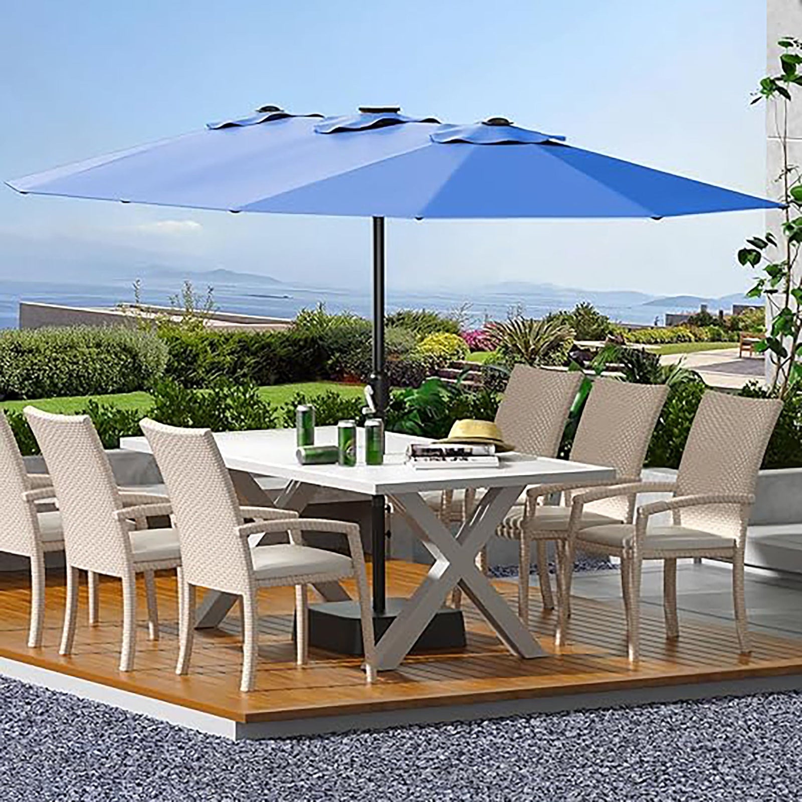 GARVEE 15' Large Outdoor Patio Umbrella with Heavy Duty Base - Double Sided Rectangle Market Umbrella for Poolside, Lawn, Backyard, Garden - Navy Blue - Perfect for Shade and Relaxation in Hot Weather