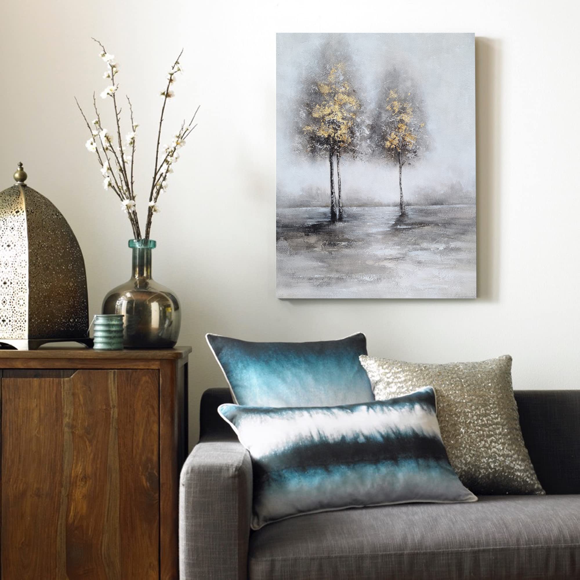 Modern Abstract Tree Wall Art - Grey & White Canvas Painting Prints for Home Decor | Perfect for Kitchen, Living Room & Dining Room | Handmade Artwork for Stylish Interior Design