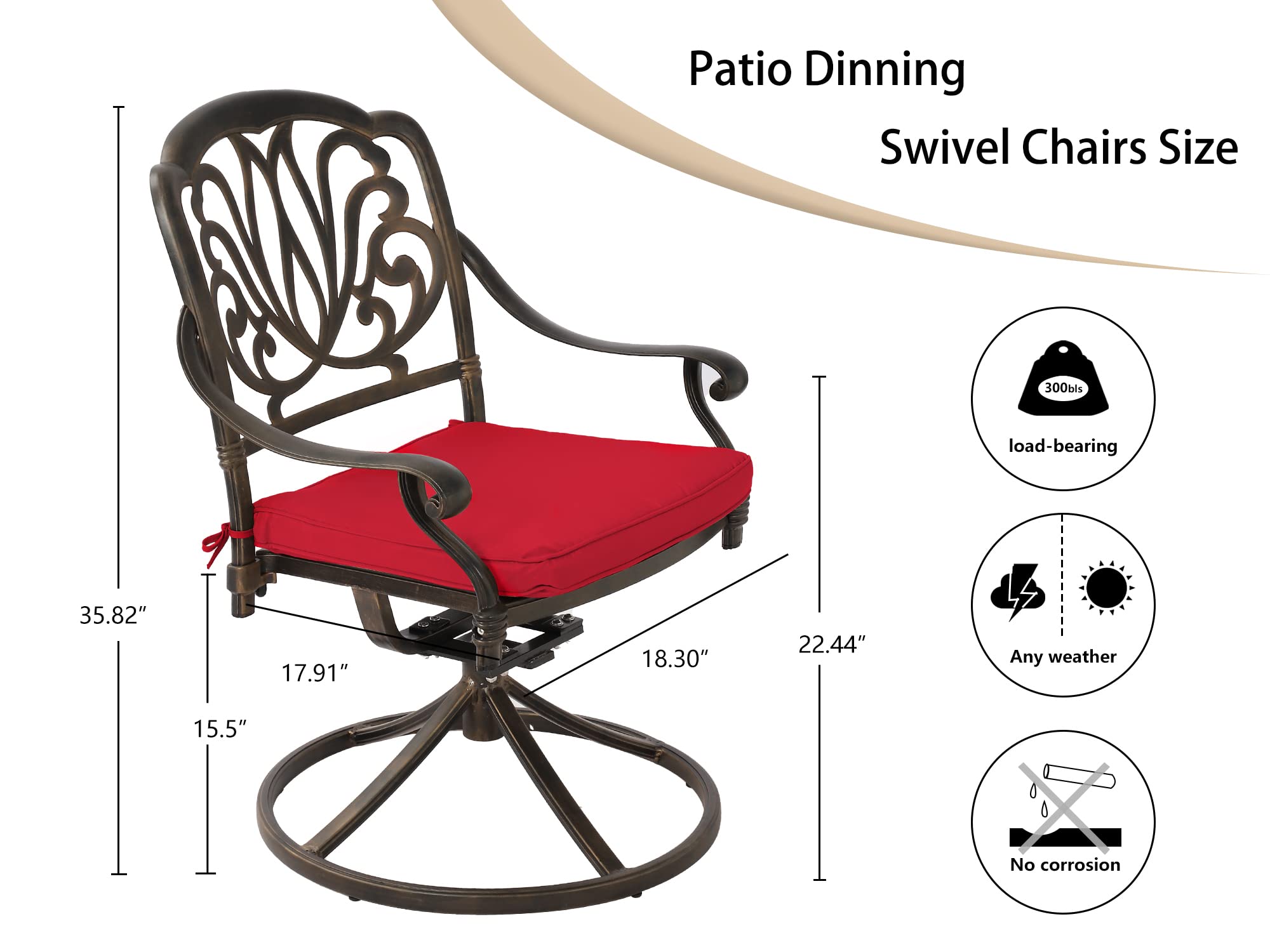 Grepatio 2-Piece Patio Swivel Dining Chairs Set with Cushions - Outdoor Cast Aluminum Rocking Chairs for Garden, Backyard, Poolside - Comfortable Metal Furniture with Red Cushions (Perfect for Lounging, Entertaining & Outdoor Dining)