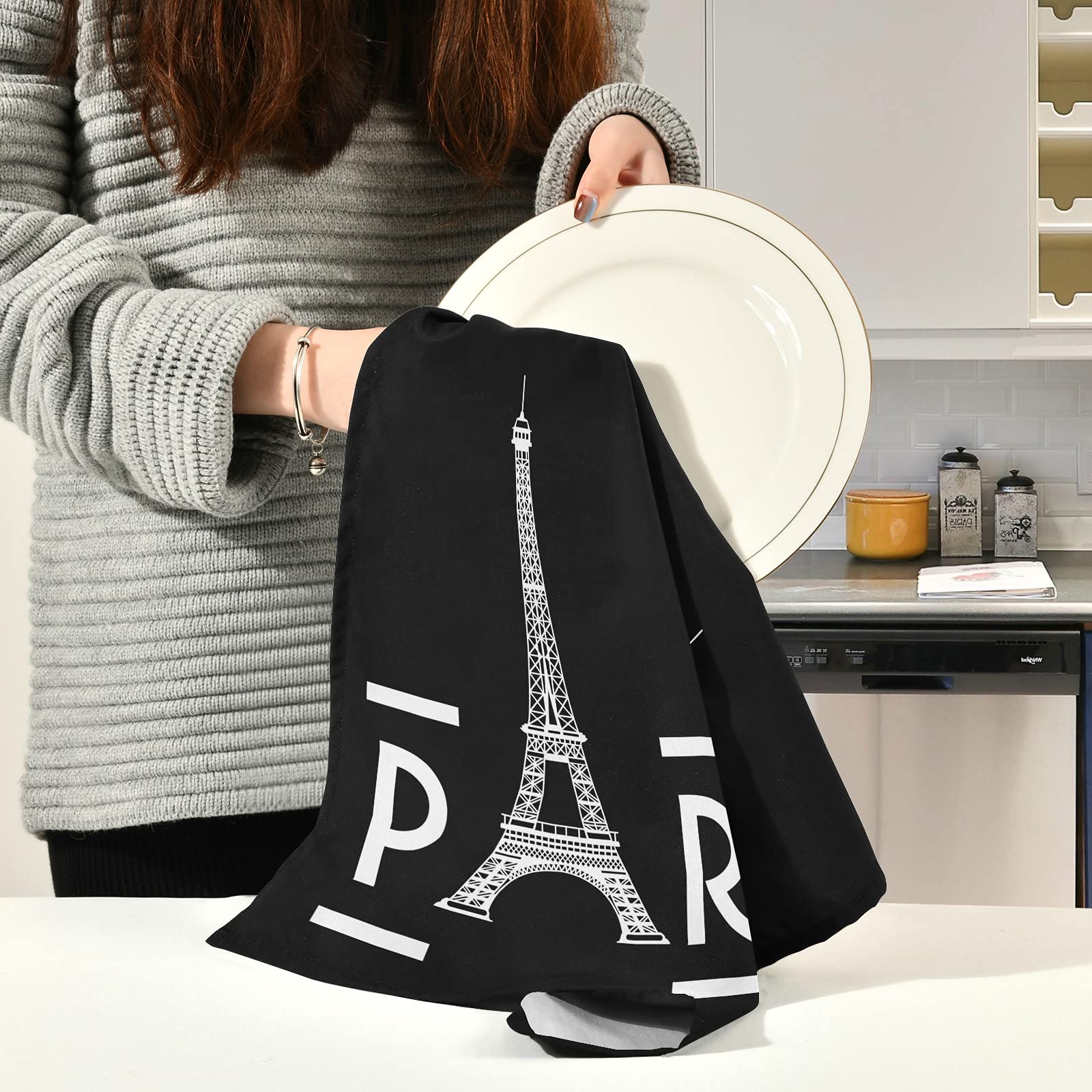 ALAZA Paris Eiffel Tower France Black Kitchen Towels Set of 6 - Super Absorbent Soft Dish Towels 18x28 inches - Perfect for Kitchen, Bar, Tea Service & Dish Drying