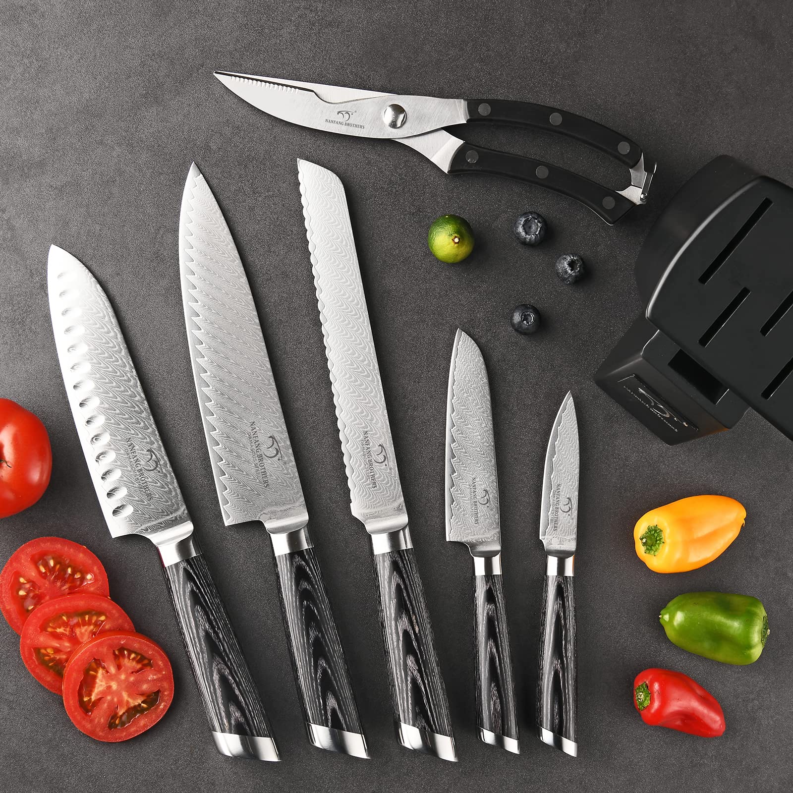 Premium 7-Piece Damascus Steel Knife Set with Wooden Block - Chef Knives, Kitchen Shears & Ergonomic ABS Handles - Perfect for Home Cooking, Professional Chefs & Gourmet Food Preparation