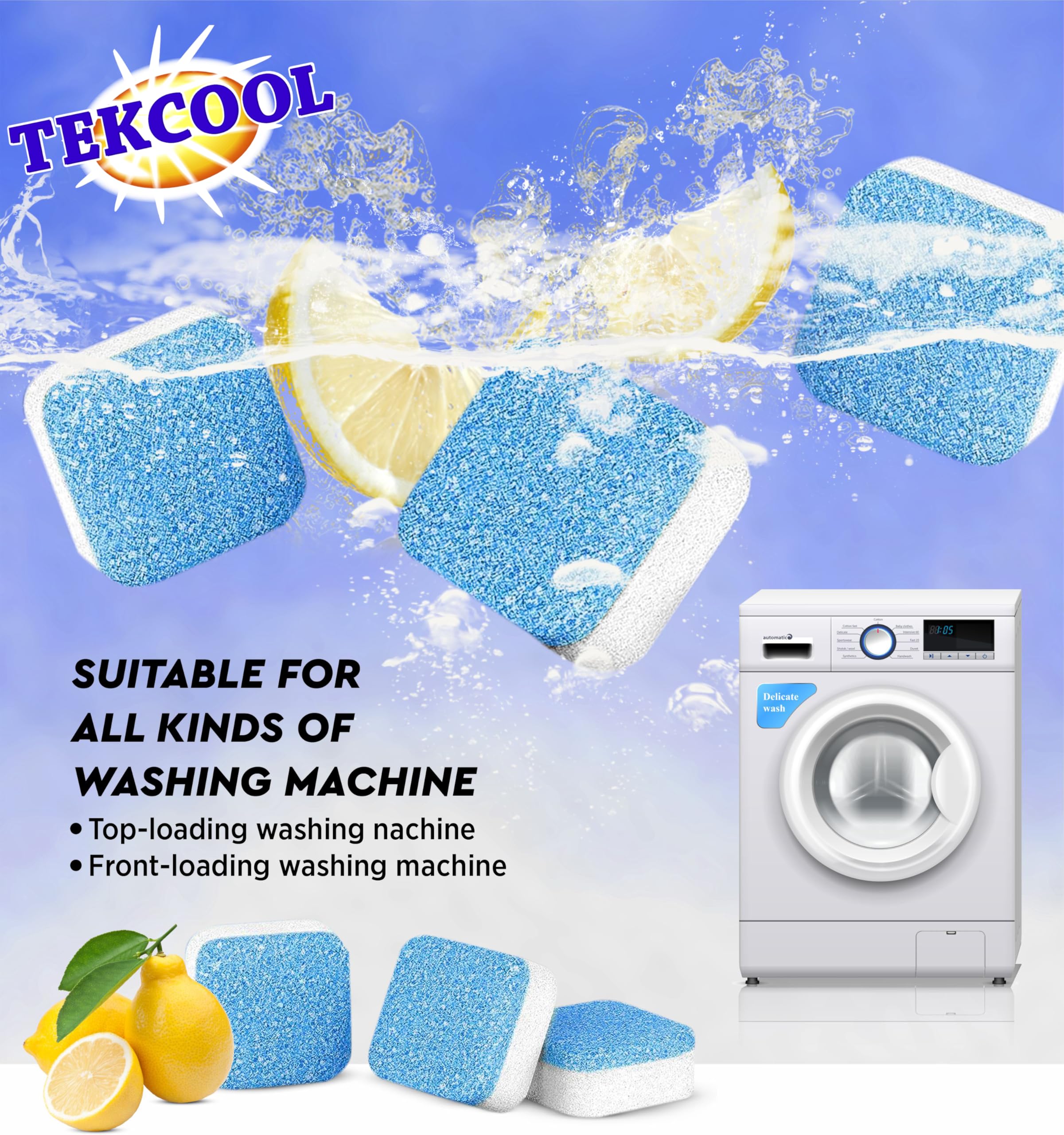 TEKCOOL Washing Machine Cleaner Tablets - 24 Pack Descaling Powder for Front & Top Load Washers, Deep Clean & Deodorize - Refresh Blue | Ideal for Laundry Maintenance & Odor Removal