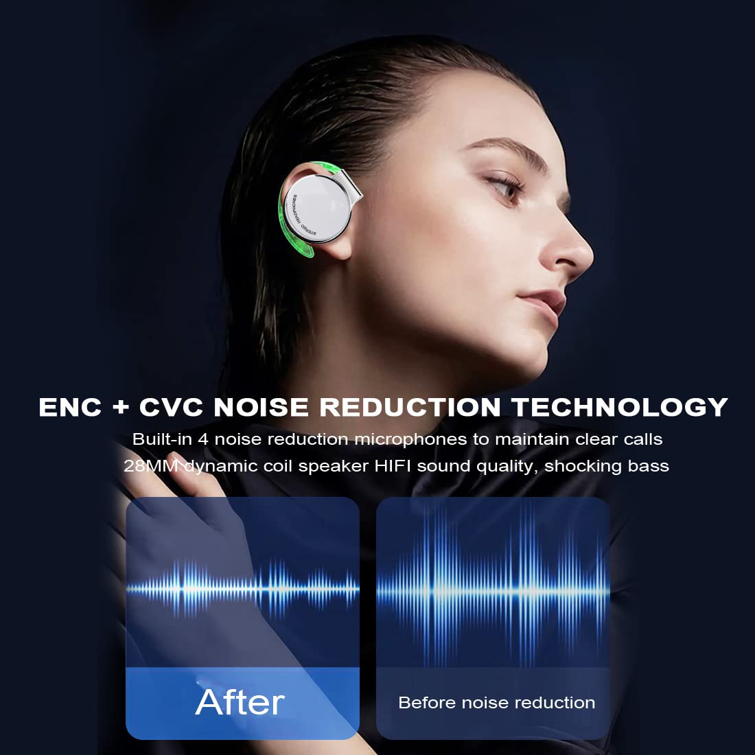Open Ear Bluetooth Headphones V5.3 - Wireless Clip-On Sports Earphones with Ear Hooks, 4-Mic Noise Cancelling, 30H Battery & Charging Case - Perfect for Running, Cycling & Gym Workouts