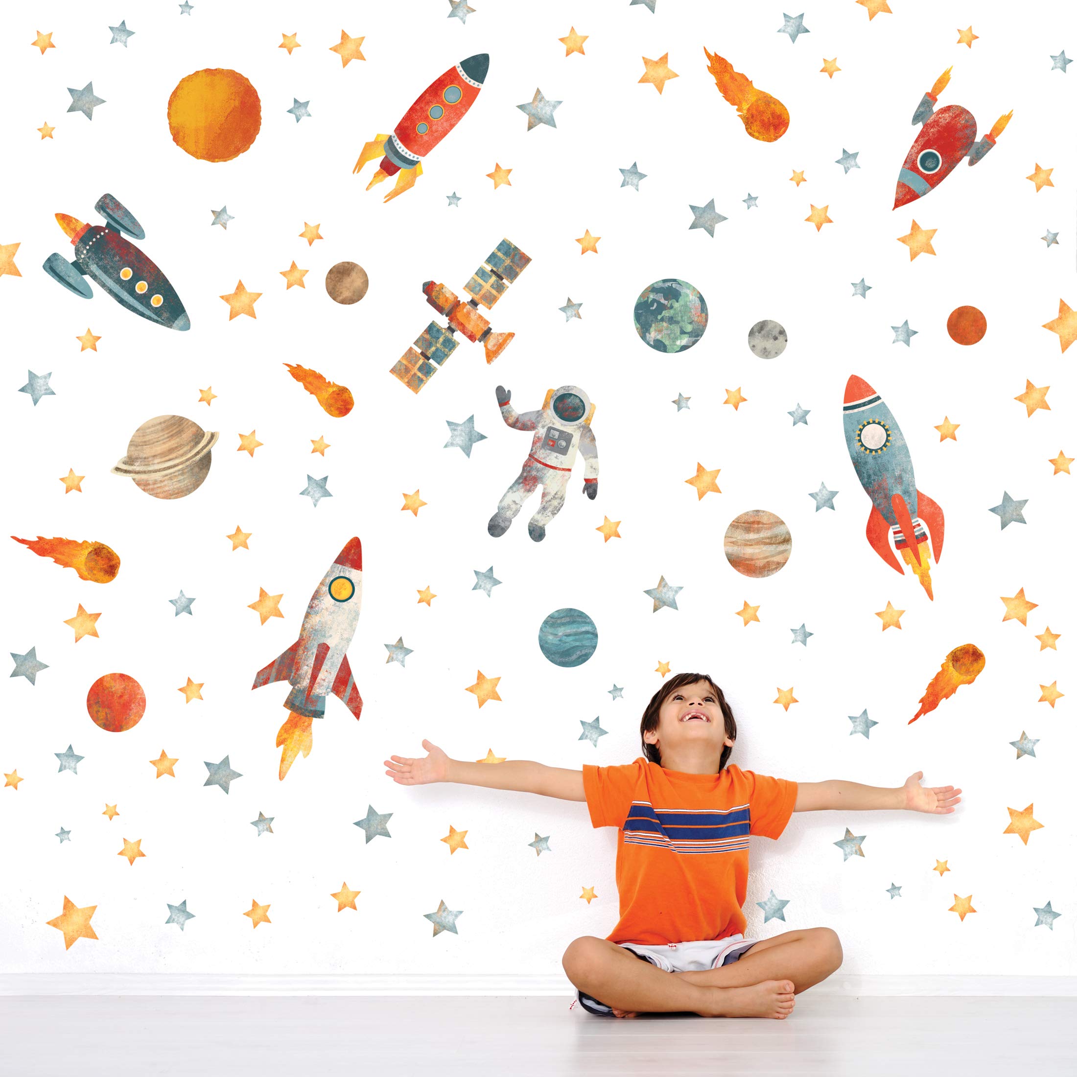 Spaceship Wall Decals - Outer Space & Planet Wall Stickers - Removable Eco-Friendly Rocket & Star Decals for Kids Room & Nursery Decor