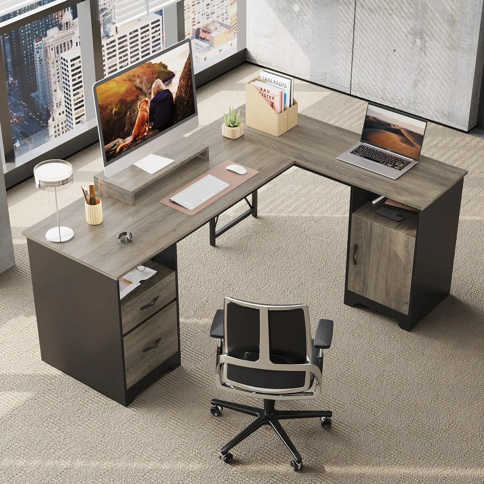 Bestier L-Shaped Computer Desk with File Drawers - Home Office Workstation for Gaming & Study, Space-Saving Corner Desk with Storage