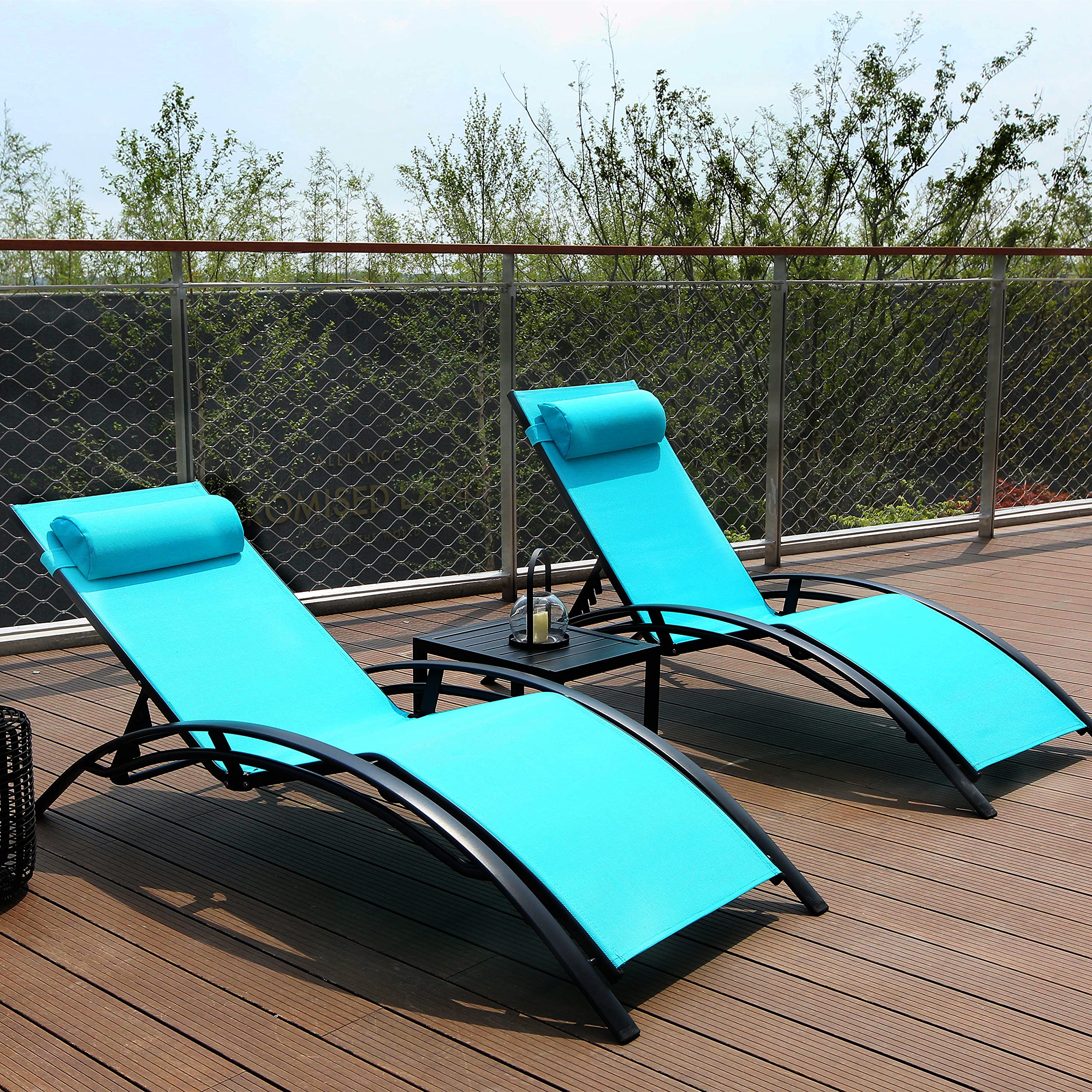3-Piece Patio Chaise Lounge Chair Set - Aluminum Outdoor Reclining Sun Lounger with Adjustable Headrest & Side Table - Perfect for Poolside, Beach, Garden & Lawn Relaxation (Blue) - Ideal for Sunbathing, Tanning & Outdoor Lounging