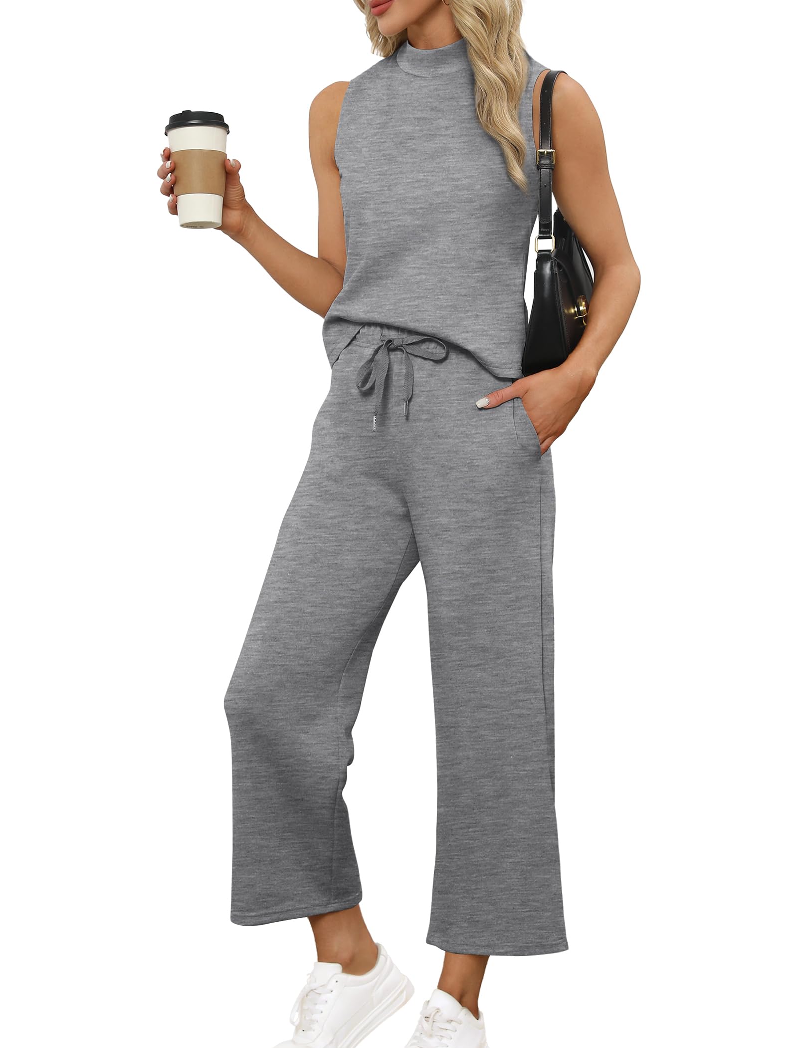 Women's Summer Two Piece Outfits - SAMPEEL Lounge Sets with Mock Neck Tops & Wide Leg Crop Pants | Casual Wear, Vacation Travel Clothes, Beach Outfits, Street Style Fashion