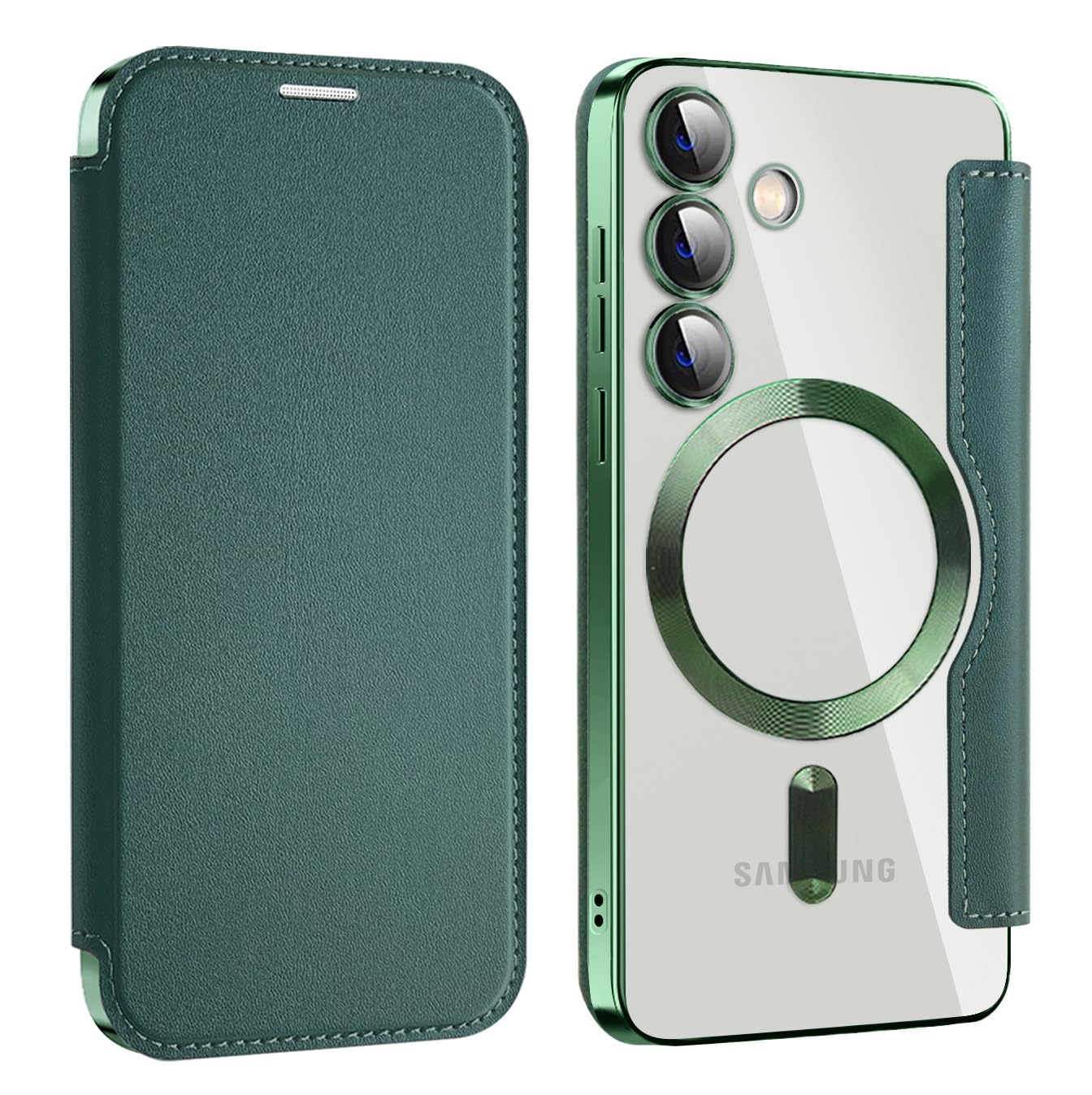 Magnetic Flip Wallet Case for Samsung Galaxy S22 - Shockproof PU Leather Cover with Card Slots & Magsafe Compatibility | Perfect for Everyday Use, Business Travel & Hands-Free Convenience (Green)