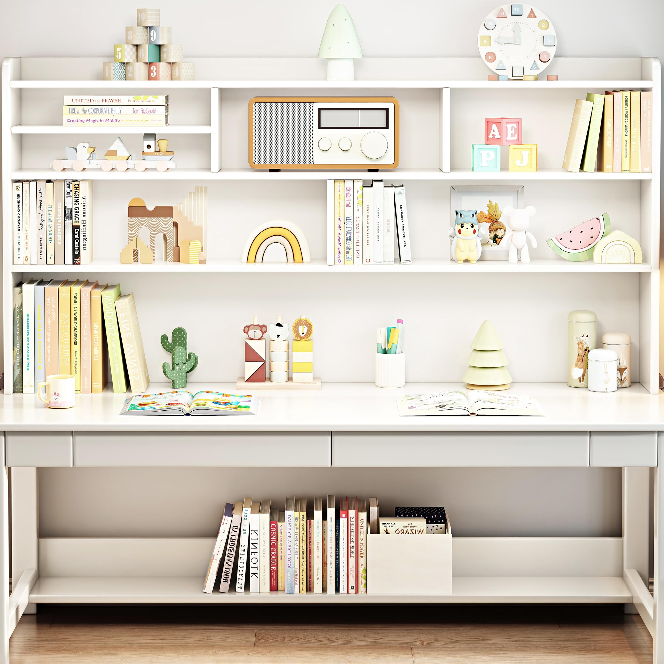 Kids Wooden Study Desk with Hutch - Adjustable Height Solid Wood Children's Table for Homework & Crafts - Perfect for Home Office, Classroom & Playroom (White)