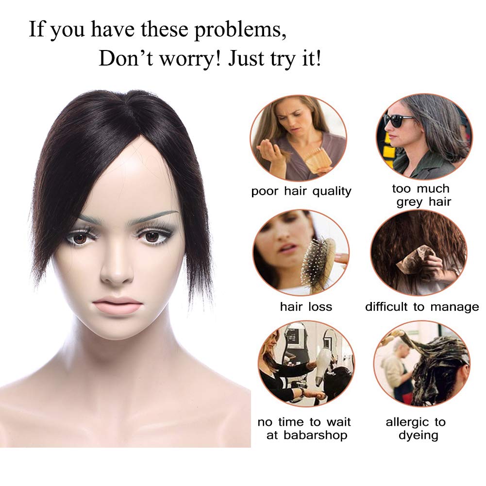 Benehair Clip-in Human Hair Toppers for Women - 100% Real Silk Base Handmade Hair Pieces for Thinning & Grey Hair - 18