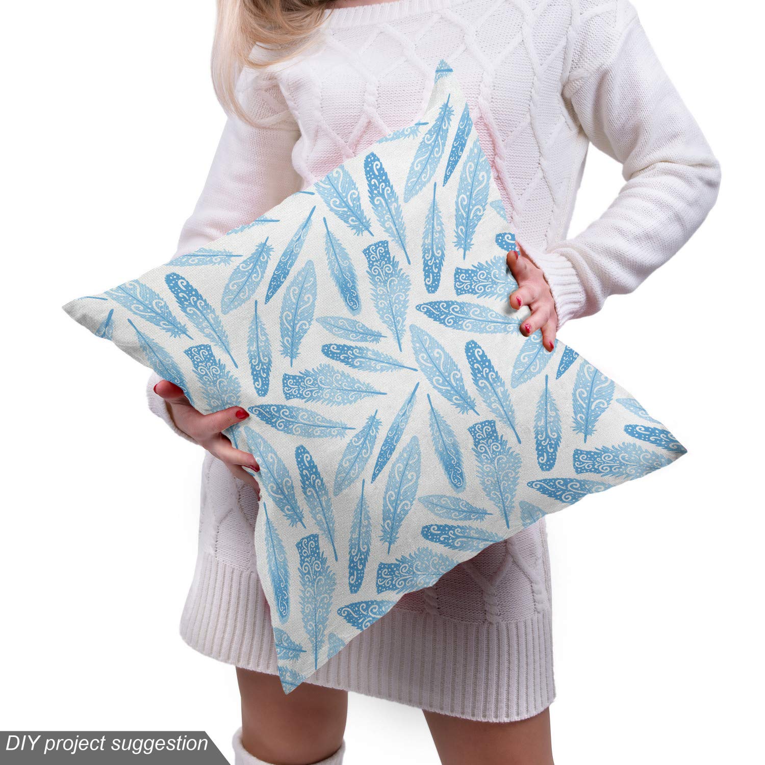 Ambesonne Feather Fabric by The Yard - Oriental Feather Pattern Upholstery Fabric for Sofa, Curtains & Home Decor - 10 Yards, Deep Sky Blue - Perfect for DIY Projects, Pillow Covers & Wall Hangings