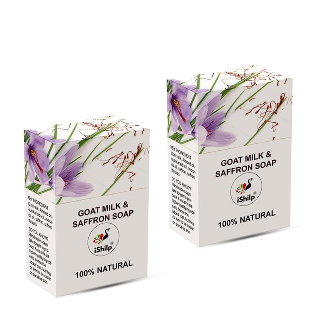 iShilp Goat Milk Soap with Saffron - Pack of 2 | Natural Skin Brightening & Moisturizing Bar Soap for Women & Men | Gentle Body Wash for Dry, Sensitive Skin | Perfect for Daily Bath & Skincare Routine