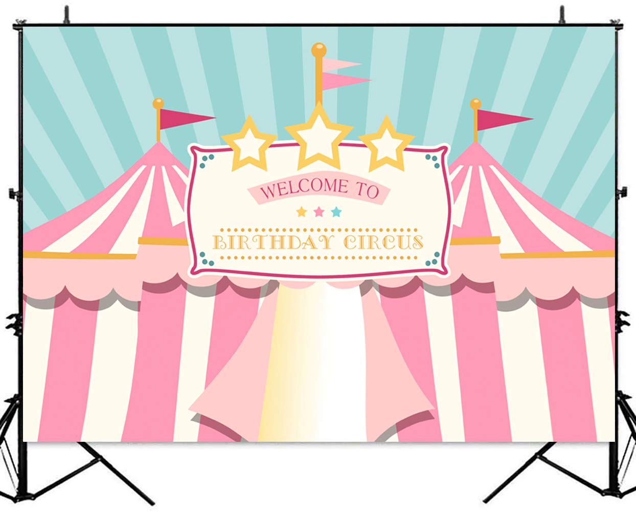 Pastel Pink & Teal Circus Backdrop - 7x5ft Big Top Tent Carnival Carousel Banner for Girls 1st Birthday Party, Baby Shower, Cake Table & Photo Booth Decoration | Perfect for First Birthday Celebrations, Baby Showers, and Themed Photo Shoots