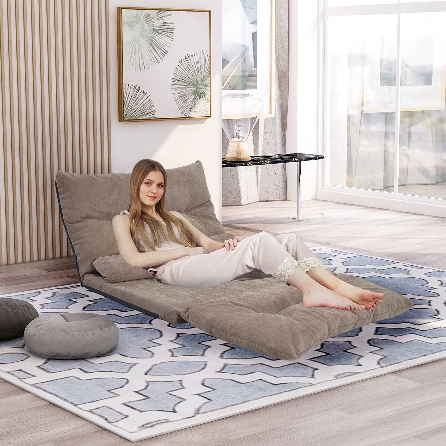 Adjustable Folding Futon Sofa Bed - Convertible Gaming & Lounge Sofa with 2 Pillows for Living Room, Bedroom, Apartment & Small Spaces (Light Brown) | Perfect for Video Gaming, Guest Sleeping & Space-Saving Solutions