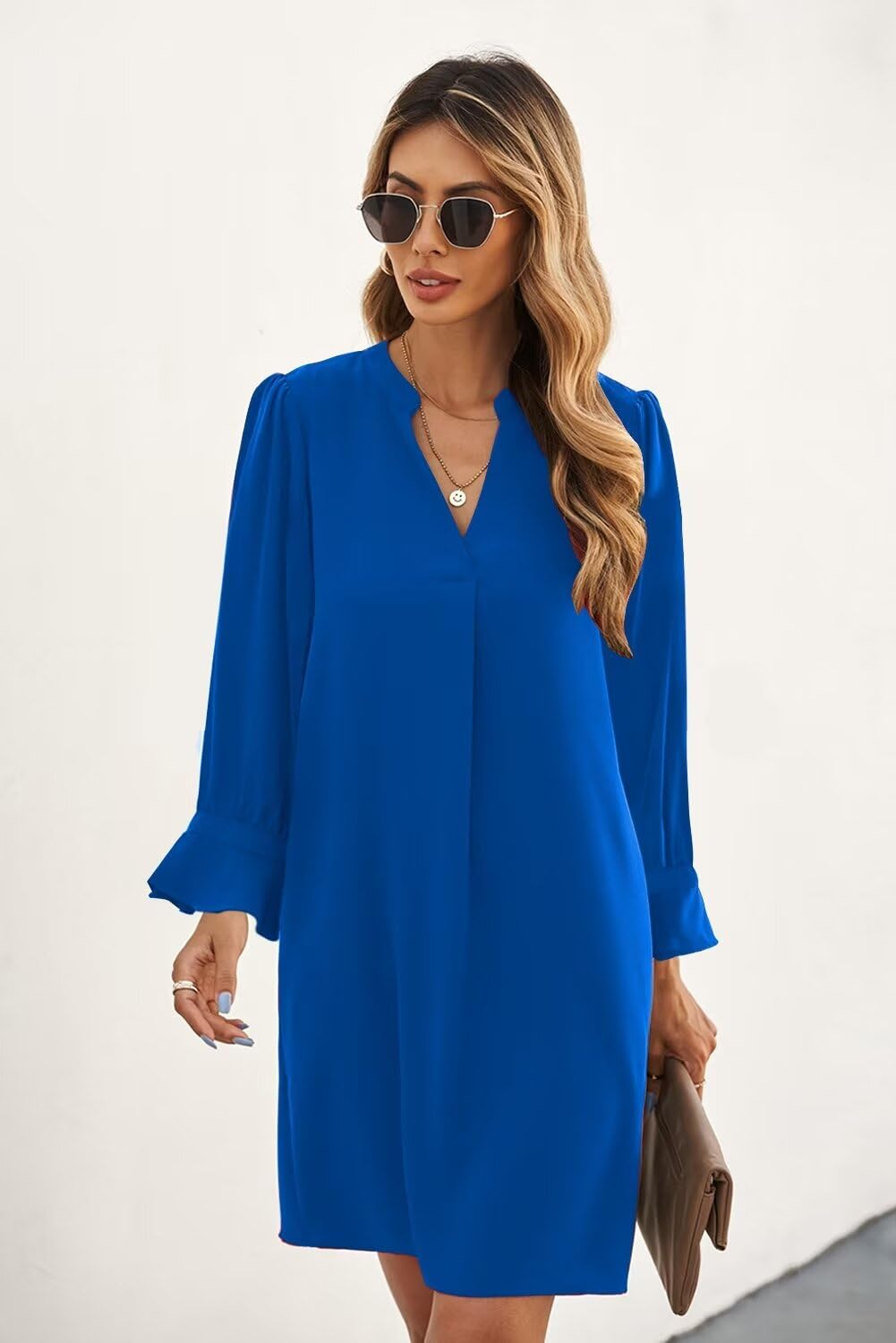 QACOHU Women's V-Neck Ruffle Long Sleeve Shift Dress - Casual Loose Flowy Dress for Spring Summer Autumn Winter 2025 | Perfect for Office, Date Night & Special Occasions