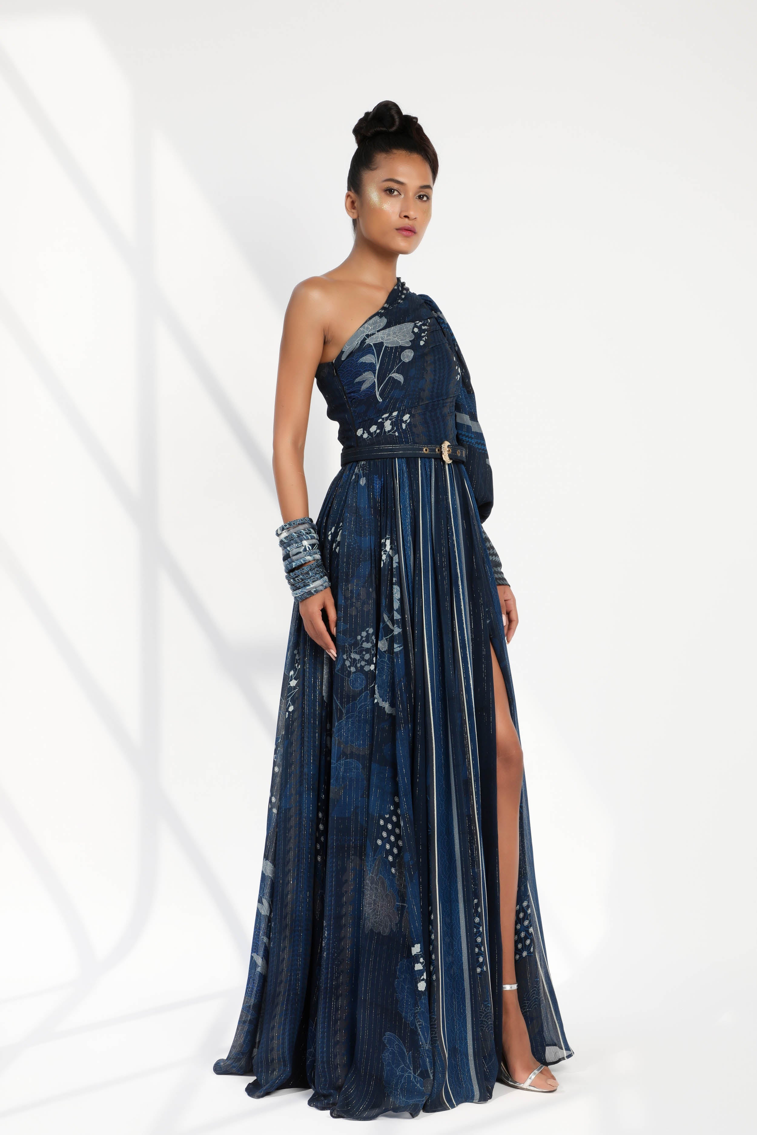 Elegant Indigo Blue Floral Print One Shoulder Dress with Adjustable Belt - Perfect for Cocktail Parties, Date Nights & Summer Weddings