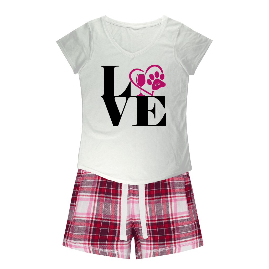 WineyBitches.Co Love Paw 2 Girls Sleepy Tee and Flannel Shorts - Cute Matching Pajama Set for Best Friends Sleepovers & Sister Bonding
