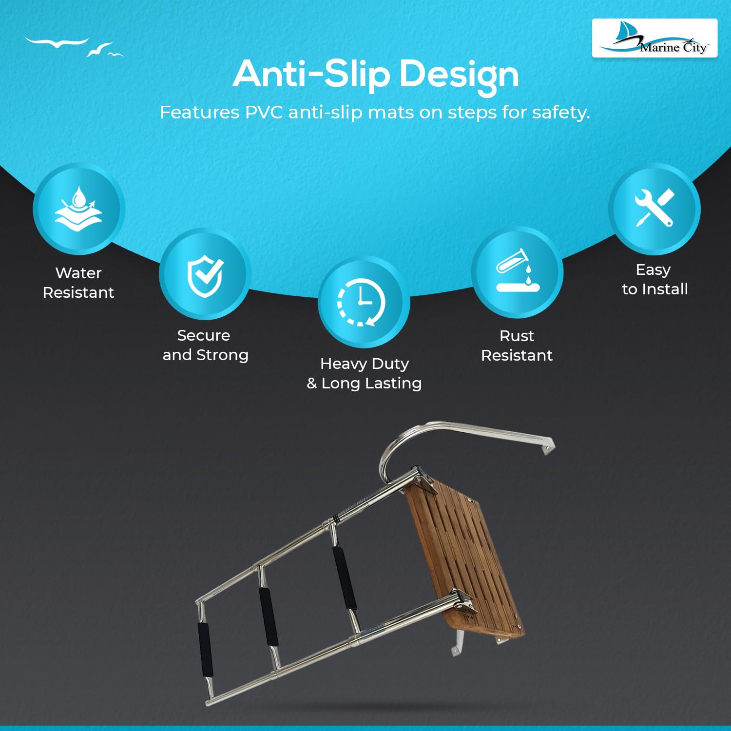 MARINE CITY Stainless Steel Swim Teak Platform Boat Ladder - Corrosion Resistant Marine Ladder for Boats, Ships & Yachts | Low Maintenance Design | Perfect for Swimming, Boarding & Water Sports Activities