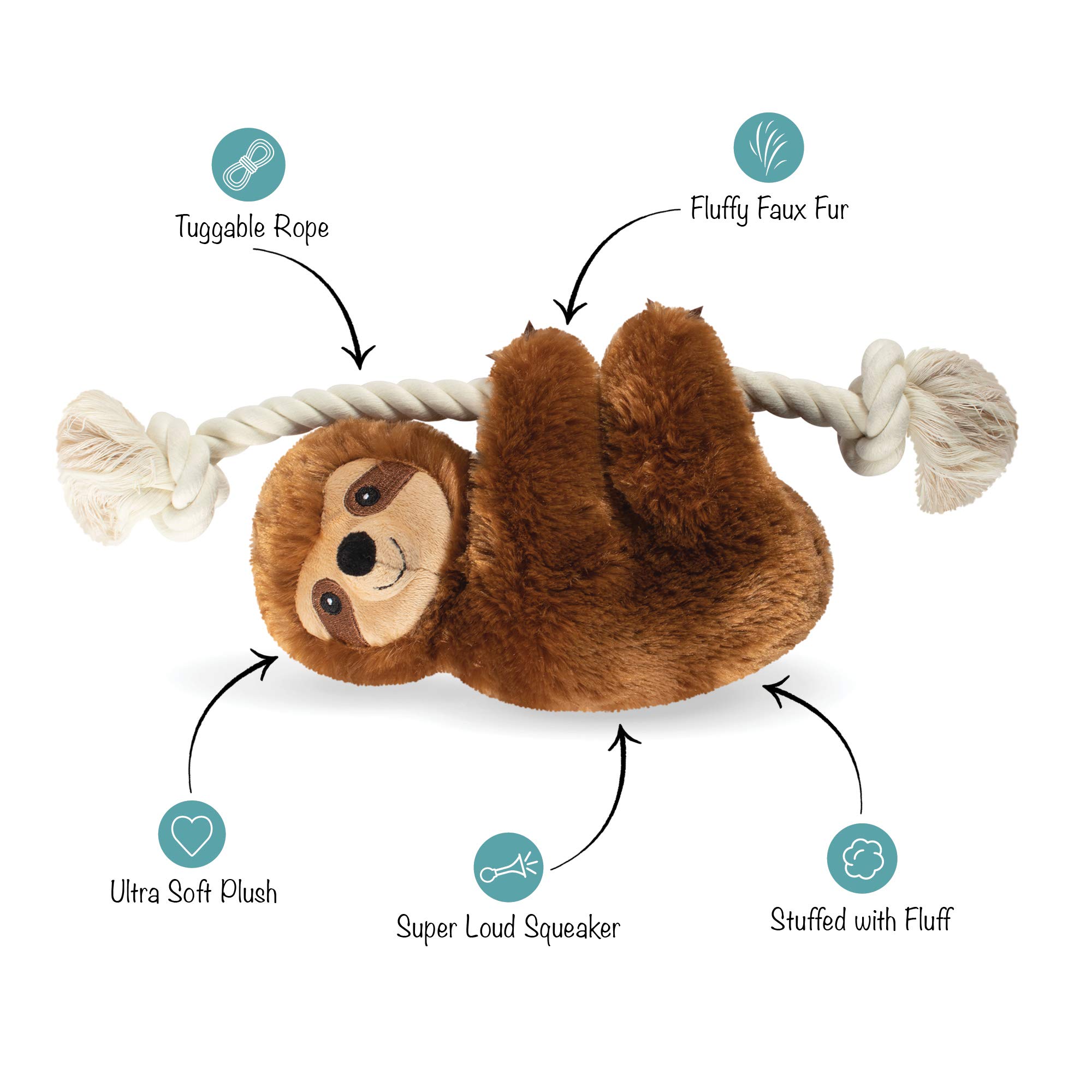 Fringe Studio Brown Sloth Plush Dog Toy with Rope - Soft & Durable Pet Chew Toy for Small & Medium Dogs - Perfect for Playtime, Training & Cuddling