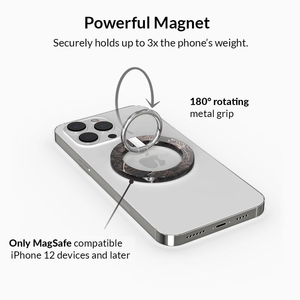 Floral Rose Gold Chrome MagSafe Grip Ring for iPhone - Magnetic Phone Holder with Stand for Car, Desk & Home Use