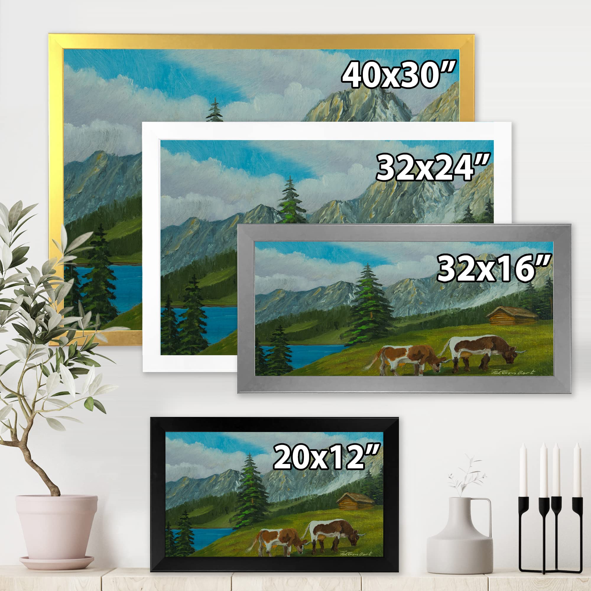 Farmhouse Framed Wall Art - Mountain Landscape with Cows on Green Meadow - Perfect for Living Room, Bedroom & Country Style Home Decor