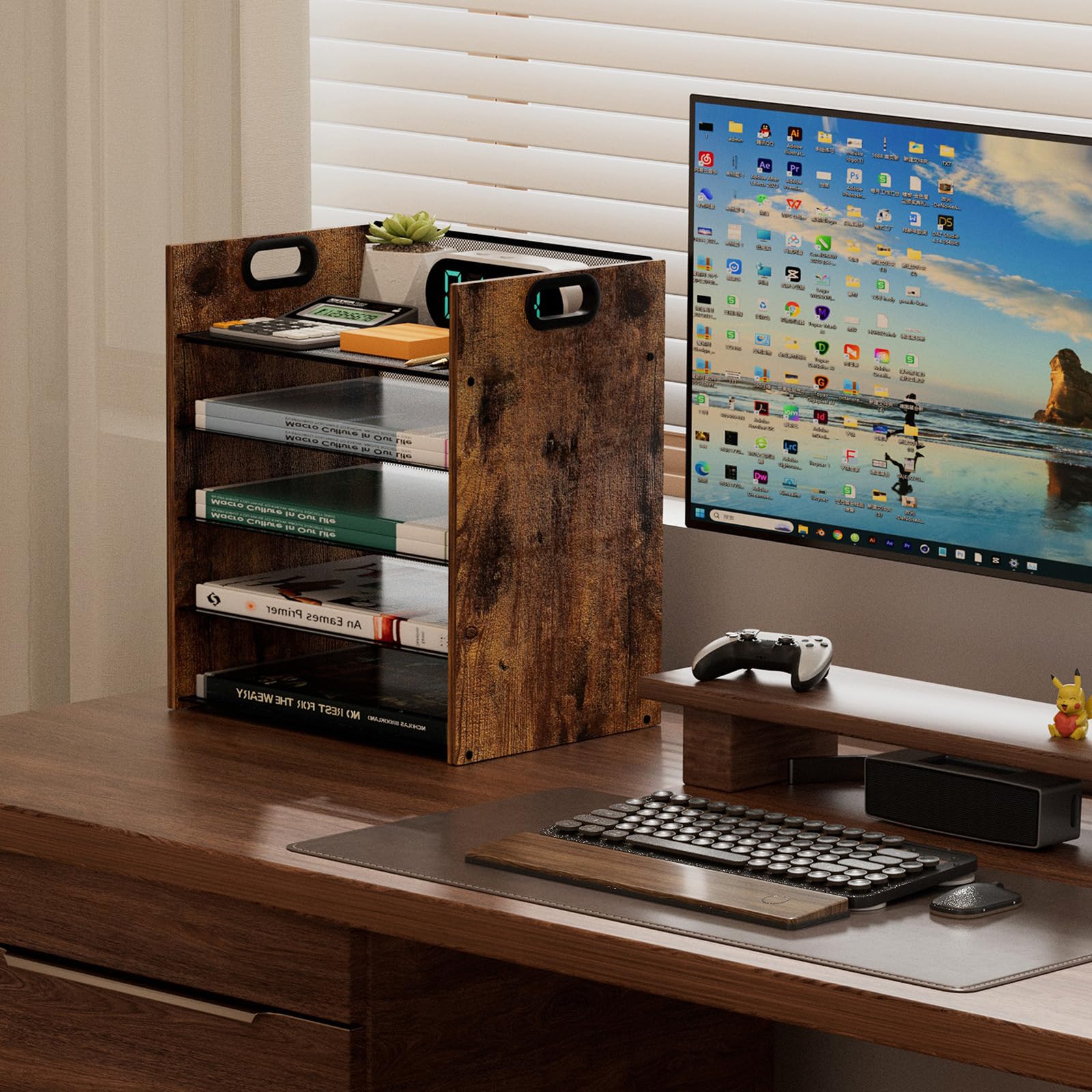 5-Tier Wooden File Organizer for Desk with Handle - Mesh & Metal Office Paper Organizer, Home Office & School File Cabinet - Perfect for Bills, Mail, Documents & Office Supplies Storage