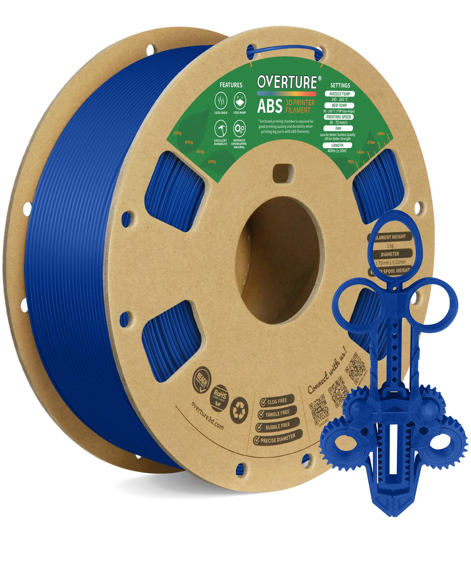 Overture ABS Filament 1.75mm 1kg (2.2lbs) - High Precision 3D Printer Filament with +/- 0.02mm Dimensional Accuracy - Compatible with Most FDM Printers (Blue) - Perfect for DIY Projects, Prototyping & Home 3D Printing