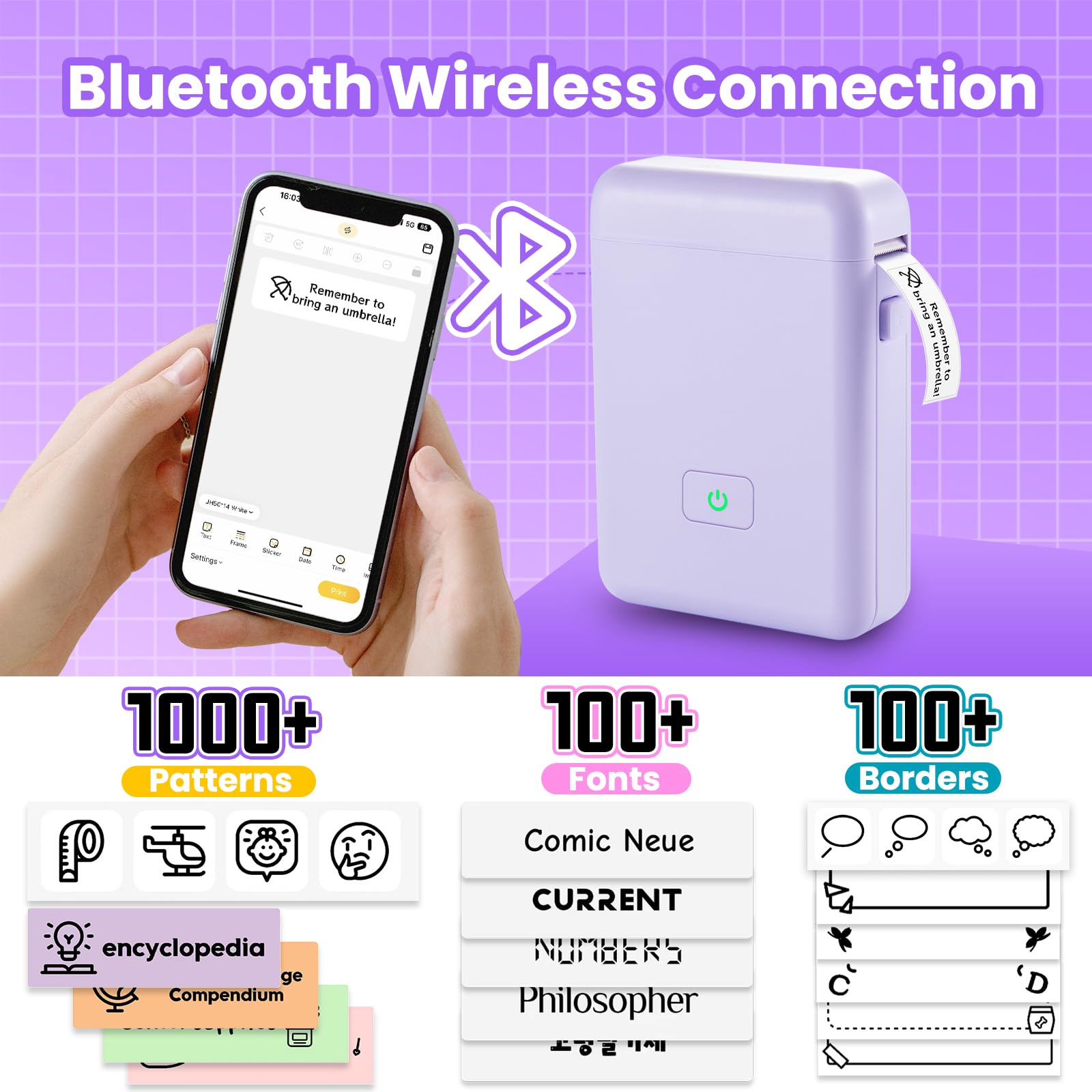 Vretti HP2 Portable Bluetooth Label Maker Machine with Tape - Wireless Label Printer for Storage, Shipping, Barcodes, Office & Home Organization - Includes Multiple Templates (Purple) | Perfect for Pantry Labels, Moving Boxes & File Organization