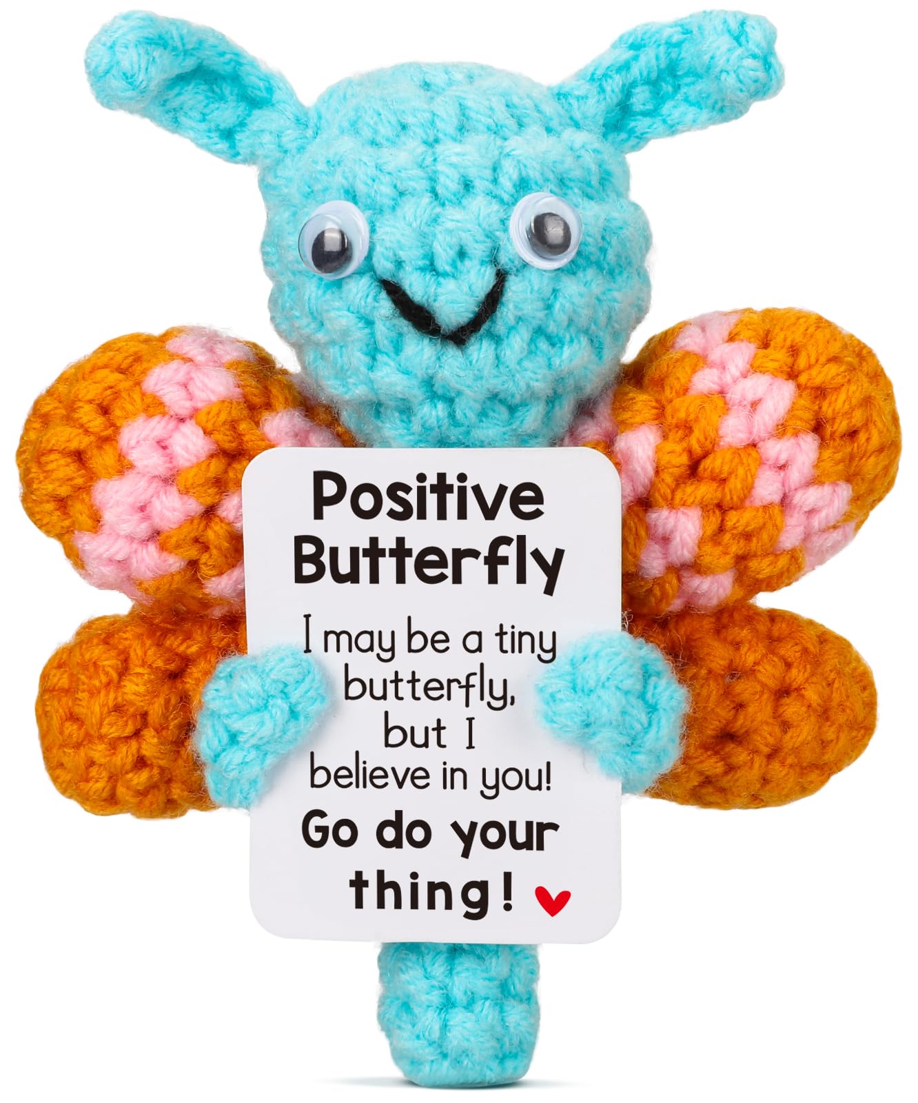 Handmade Crochet Butterfly Positive Gift - Encouragement Card & Cheer Up Support for Women, Birthday, Christmas, White Elephant - Small Cute Pickle Potato Butterfly - Perfect for Home Decor, Office Desk, Gift Giving & Emotional Support