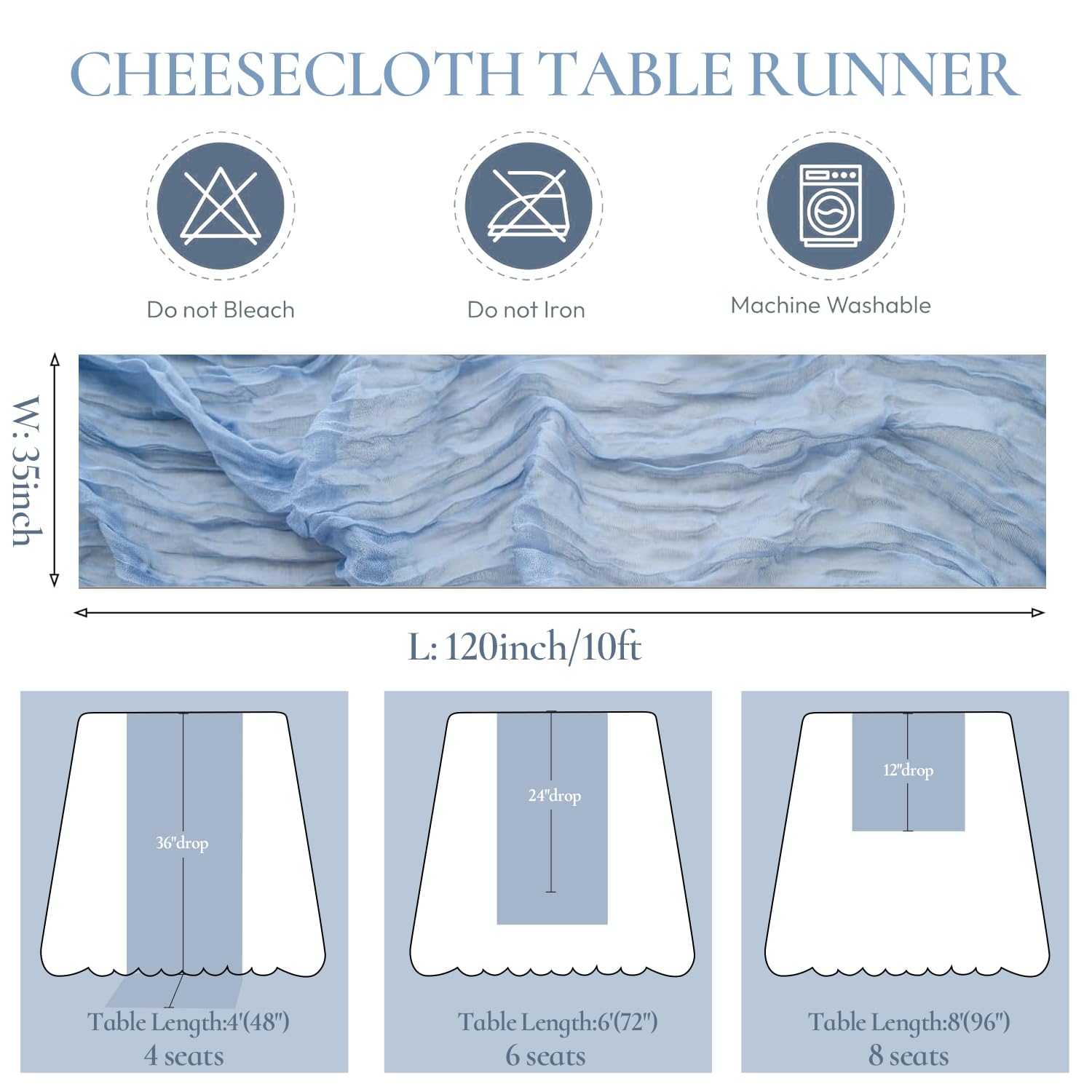 10 Pack Dusty Blue Cheesecloth Table Runners - 10ft Boho Gauze Fabric for Wedding Arch Draping, Bridal Baby Shower, Birthday Party & Cake Table Decor - Rustic Semi-Sheer Tablecloth for Boho, Farmhouse & Rustic Weddings