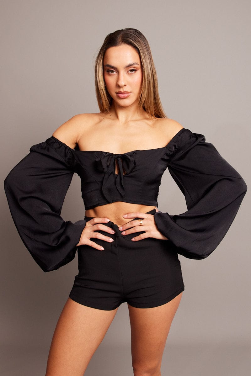Elegant Black Bow Top with Balloon Sleeves - Satin Blouse for Women | Perfect for Parties, Weddings & Special Occasions