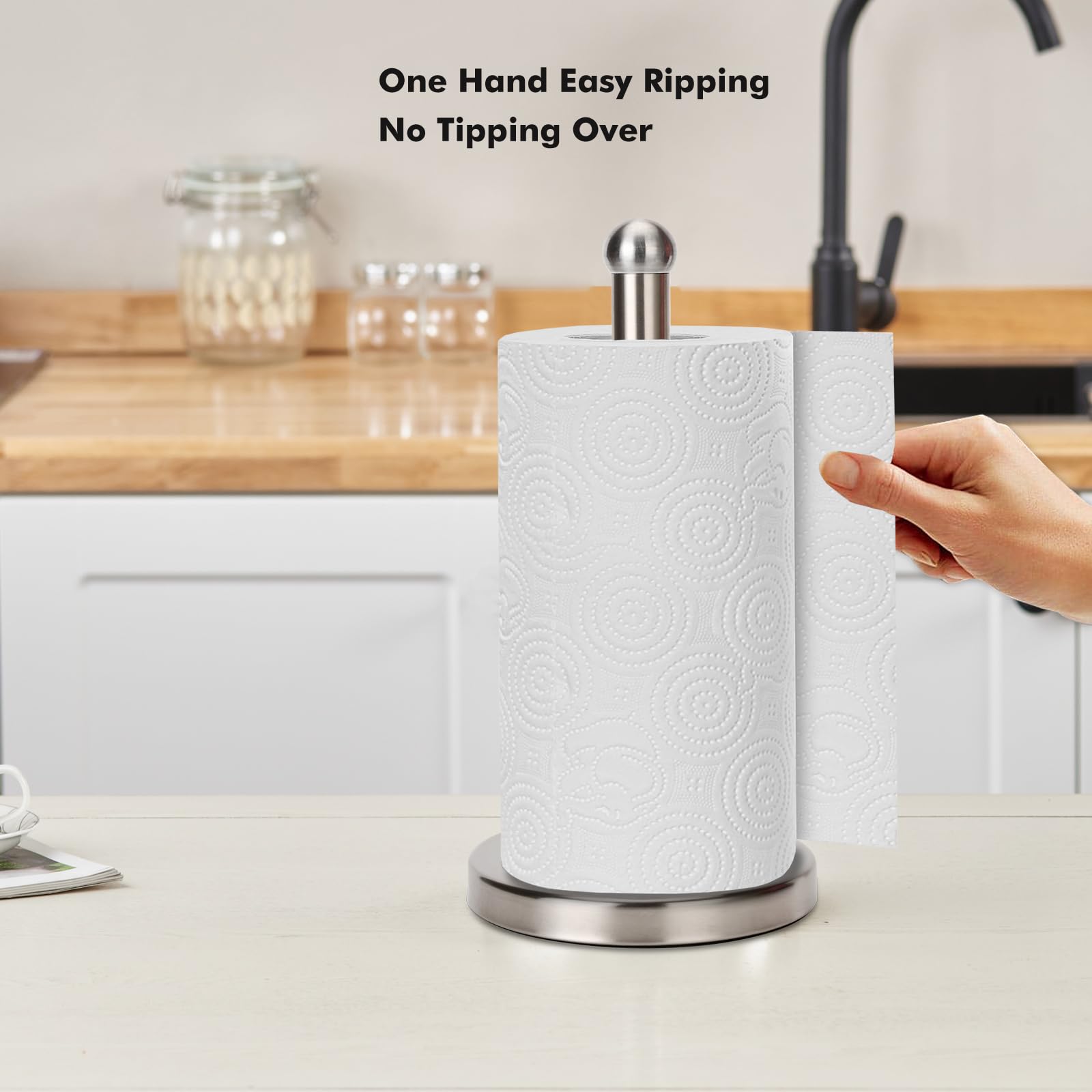 Sturdy Brushed Nickel Paper Towel Holder Stand - Fits Standard & Jumbo Rolls - Countertop & Kitchen Organizer for Home & Office Use