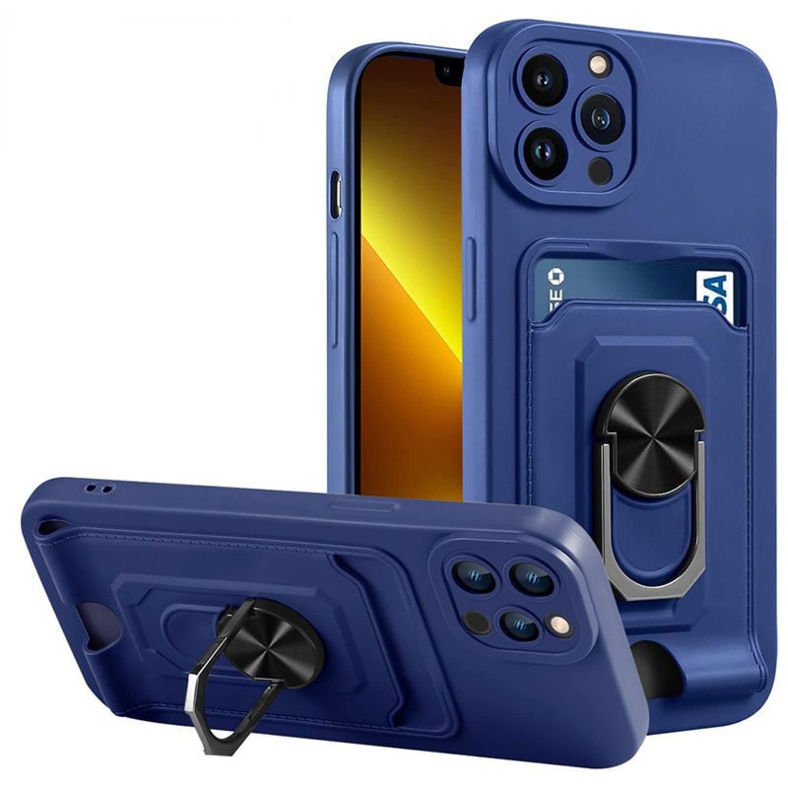 Premium Car Stand Card Holder Phone Case with Lanyard for iPhone 13/14/12/11 Pro Max/X/XS/XR/SE/8/7 Plus - Soft Flock Lined Back Cover with Lens Protection (Blue) - Perfect for Driving, Shopping & Hands-Free Use