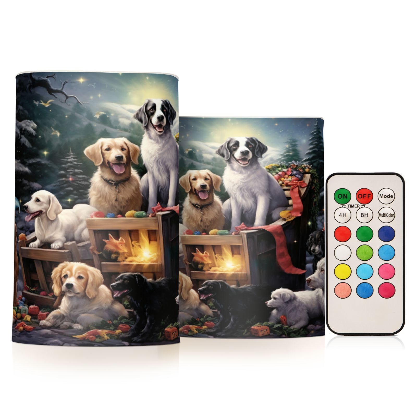 FRMG Christmas Dog Flameless Candles - Pack of 2 Battery Operated LED Pillar Candles with Remote Control, Flashing Electric Candles for Holiday Home Decor, Pet Lover Gifts - Perfect for Christmas Tree, Mantel, and Tabletop Decorations