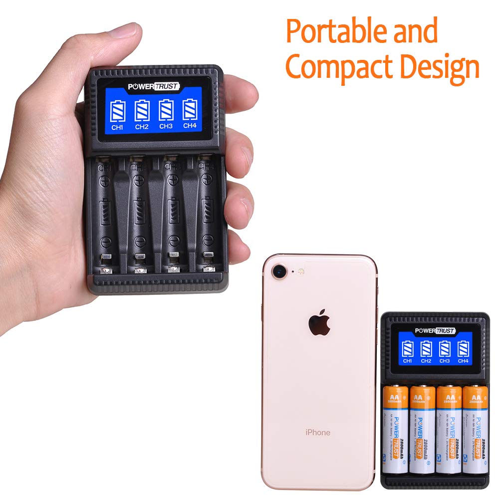 4-Pack 2800mAh AA Rechargeable Batteries with LCD USB Charger for AA/AAA Ni-MH Batteries | 4-Slot Fast Charging | Perfect for Cameras, Toys, Flashlights & Electronics