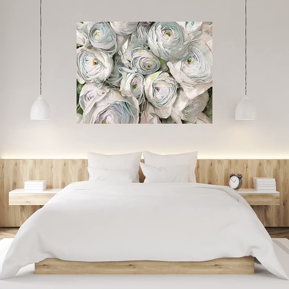 Premium White Ranunculus Floral Canvas Wall Art - Hand-Painted Fine Art Print for Home & Office Decor - Ready to Hang 32x24 Inches - Perfect for Living Room, Bedroom, Bathroom, Kitchen, Office, Bar & Dining Room Decor