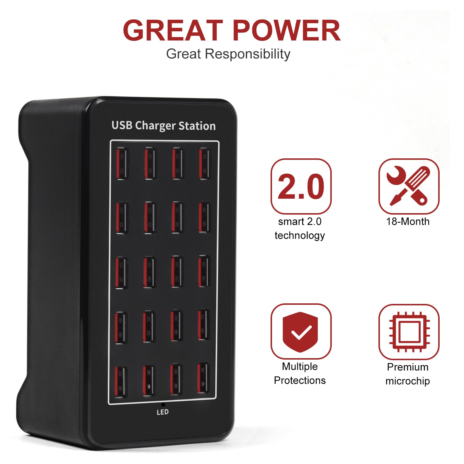 20-Port 100W USB Charger Station for Smartphones & Tablets