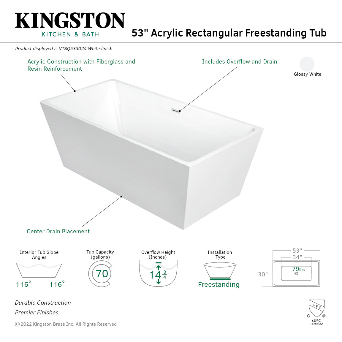 Aqua Eden 53 Inch Acrylic Freestanding Bathtub - Glossy White Rectangular Soaking Tub with Drain | Perfect for Master Bathroom & Spa Relaxation
