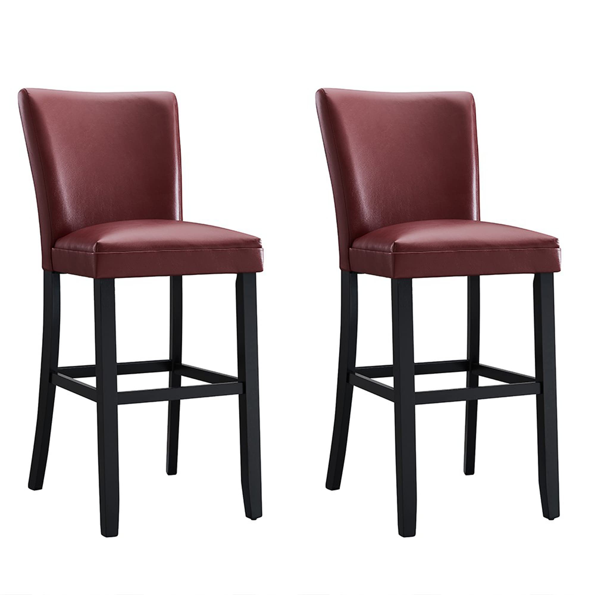 2 Pack High Elastic PU Leather Bar Stools with Footrest & Solid Rubber Wood Legs - Red - Perfect for Kitchen Island, Breakfast Nook & Home Bar Seating