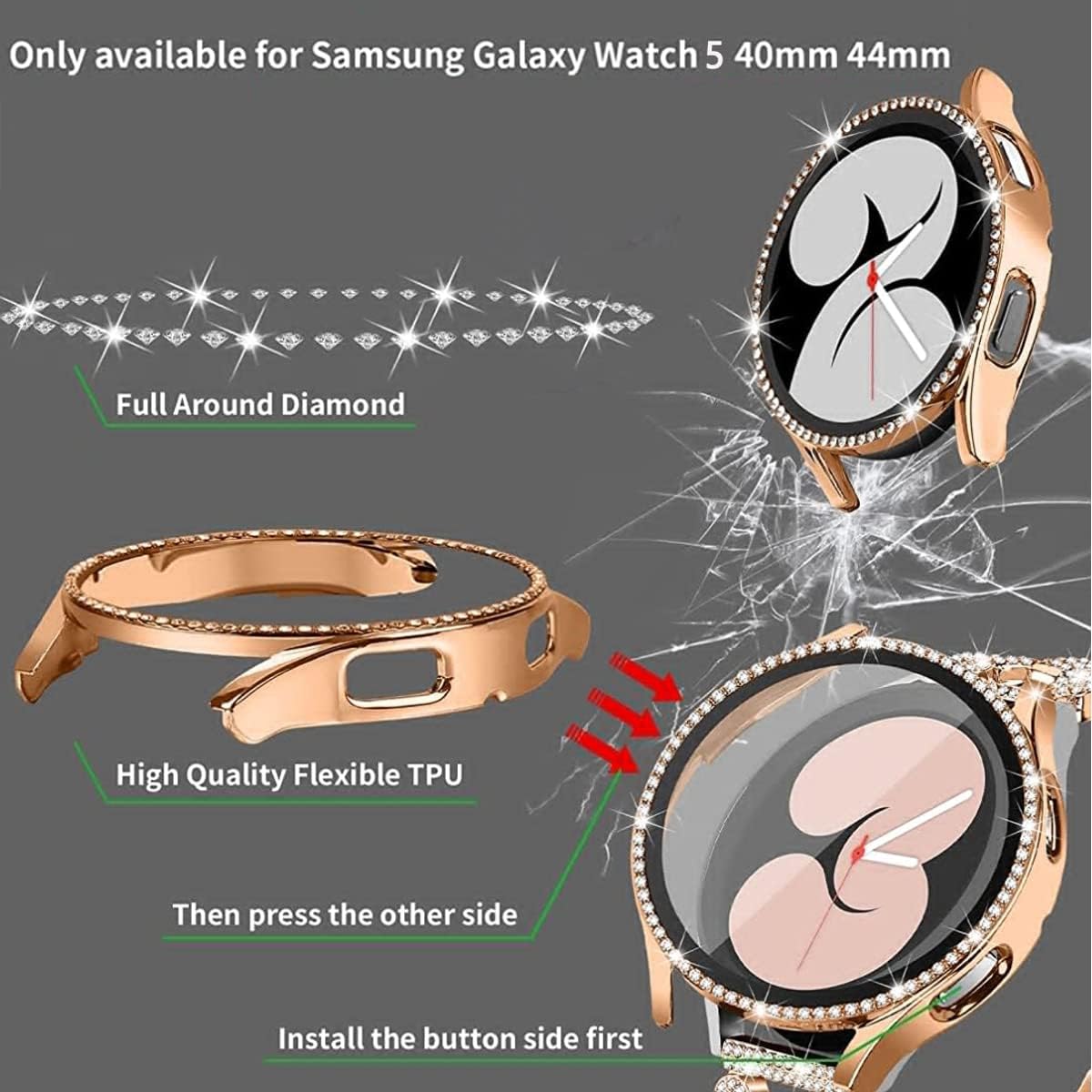 Bling Band+ Case for Galaxy Watch 6/5 40mm/44mm - Women's Fashionable Replacement Strap & Protective Cover - Perfect for Parties, Work & Everyday Wear
