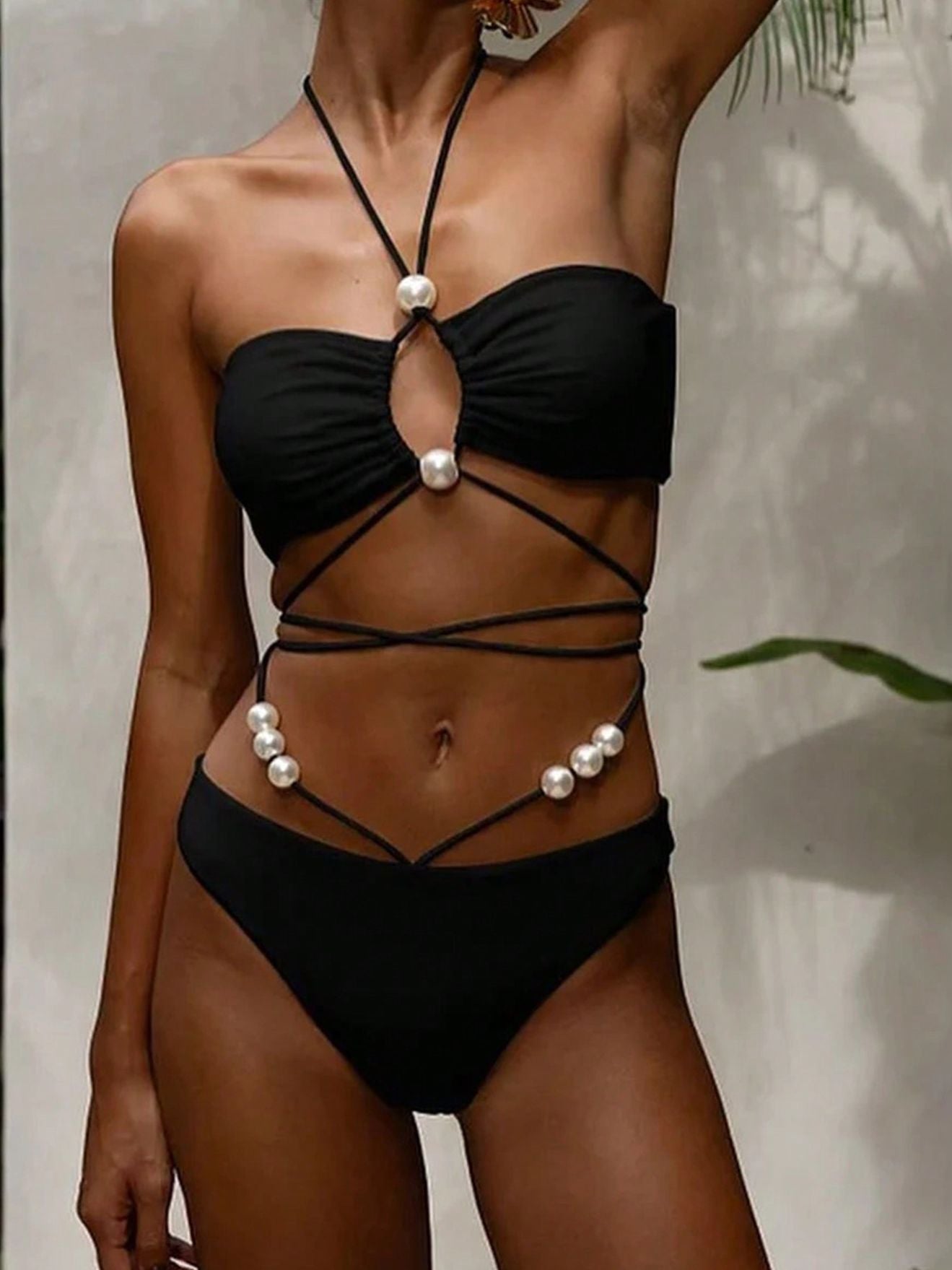 ZASUWA Women's Solid Color Pearl Lace Up Hollow Out 3 Piece Mesh Bikini Set - Sexy Swimwear for Beach, Pool Party & Summer Vacation
