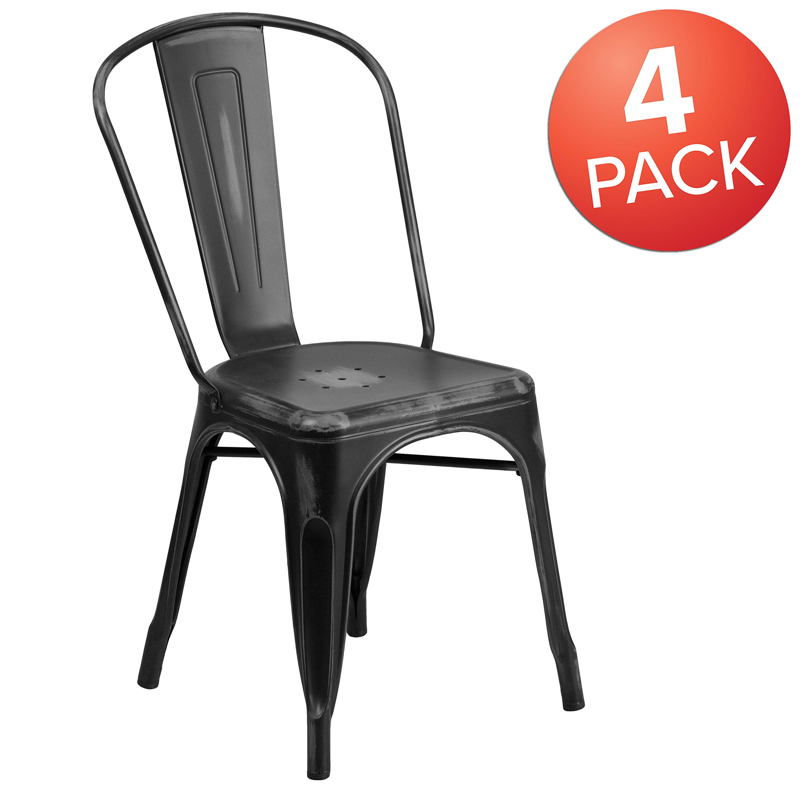 4 Pack Distressed Black Metal Stackable Chairs for Indoor & Outdoor Use - Rustic Kitchen Dining Chairs, Patio Furniture, Restaurant & Cafe Seating
