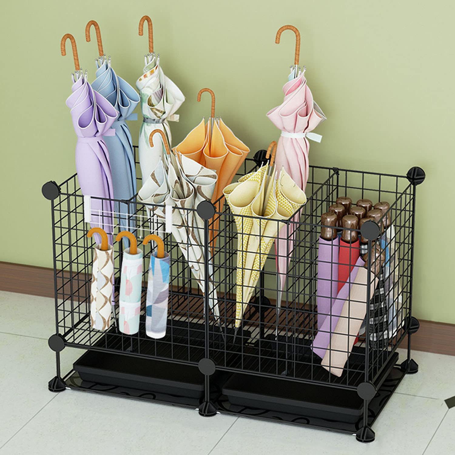 Premium JLXJ Metal Umbrella Stand - Heavy Duty Rectangular Umbrella Holder with Removable Drip Tray & Stylish Lattice Cutouts (Black/White) - Perfect for Entryway, Porch, Patio & Indoor/Outdoor Use