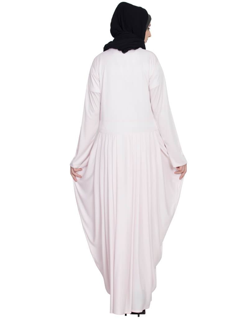 Elegant White Stretchable Abaya with Arabic Waist Pleating in Pink - Perfect for Prayer, Modest Fashion, and Special Occasions