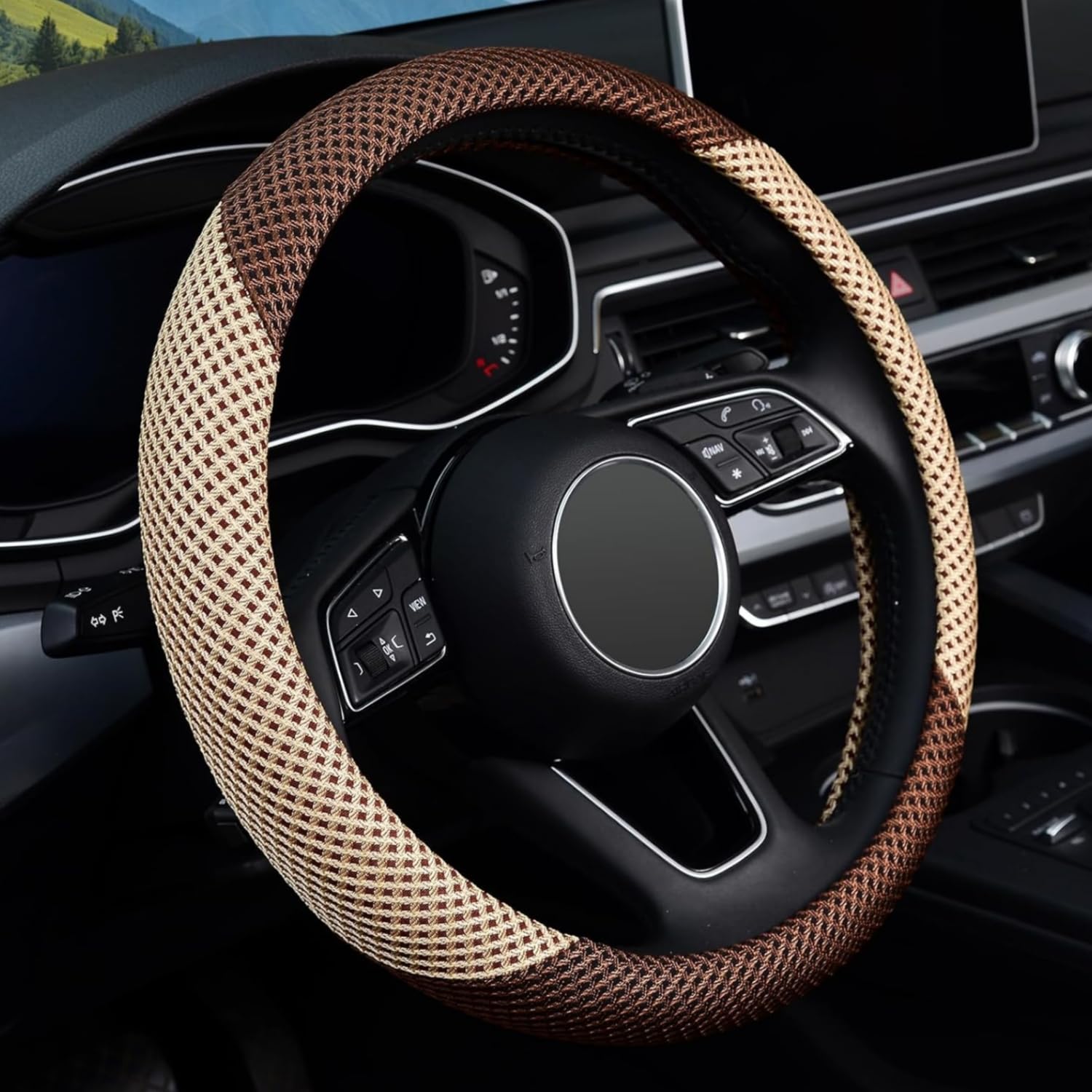 Universal 15 Inch Microfiber Steering Wheel Cover - Breathable Ice Silk Anti-Slip Car Accessory for Men & Women | Warm in Winter & Cool in Summer | Beige & Brown | Perfect for Daily Commute, Road Trips & All-Season Driving Comfort