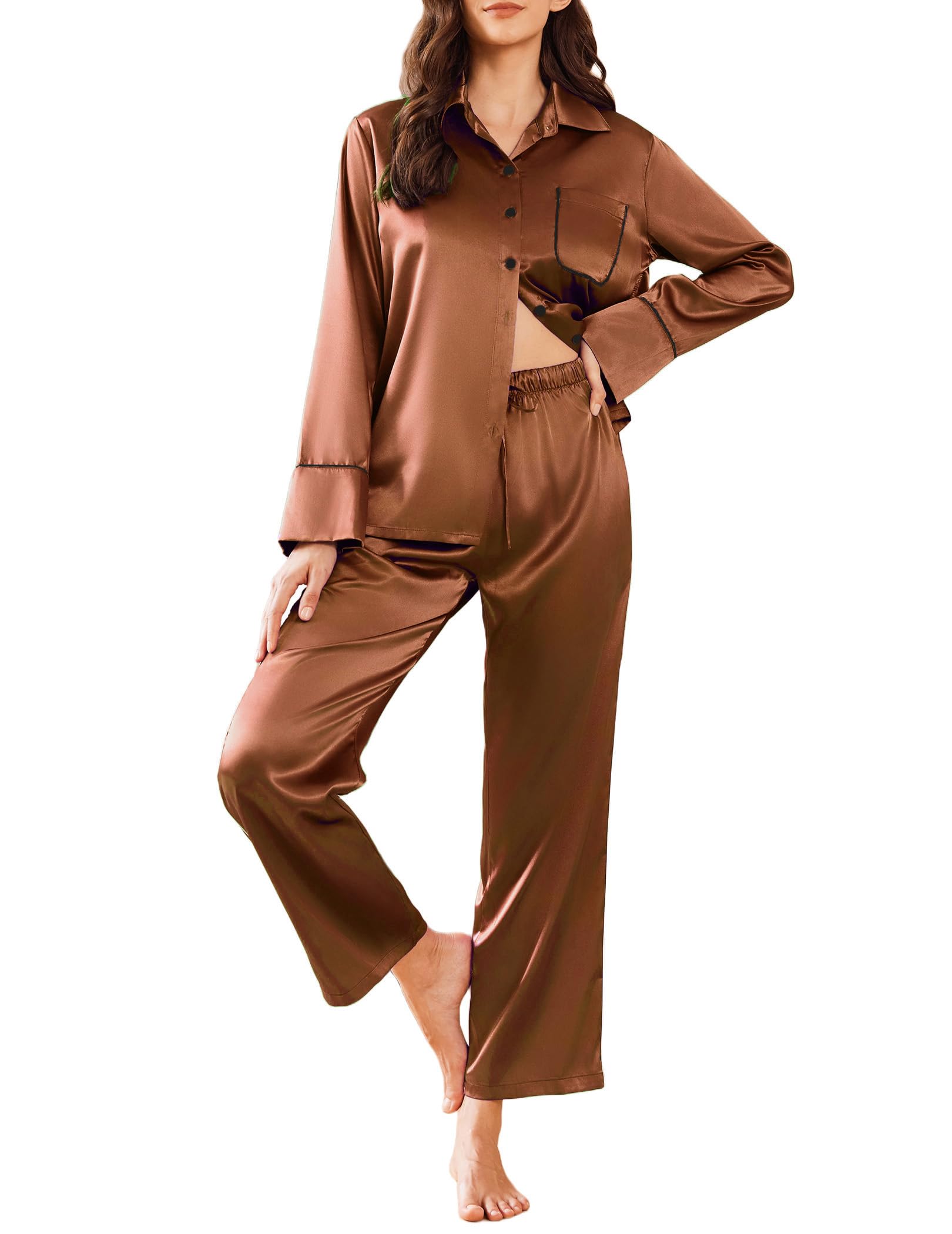 Ekouaer Women's Silk Pajama Set - Satin Button Down Sleepwear with Pockets, Long Pants Lounge Set for Comfortable Sleep & Relaxation at Home