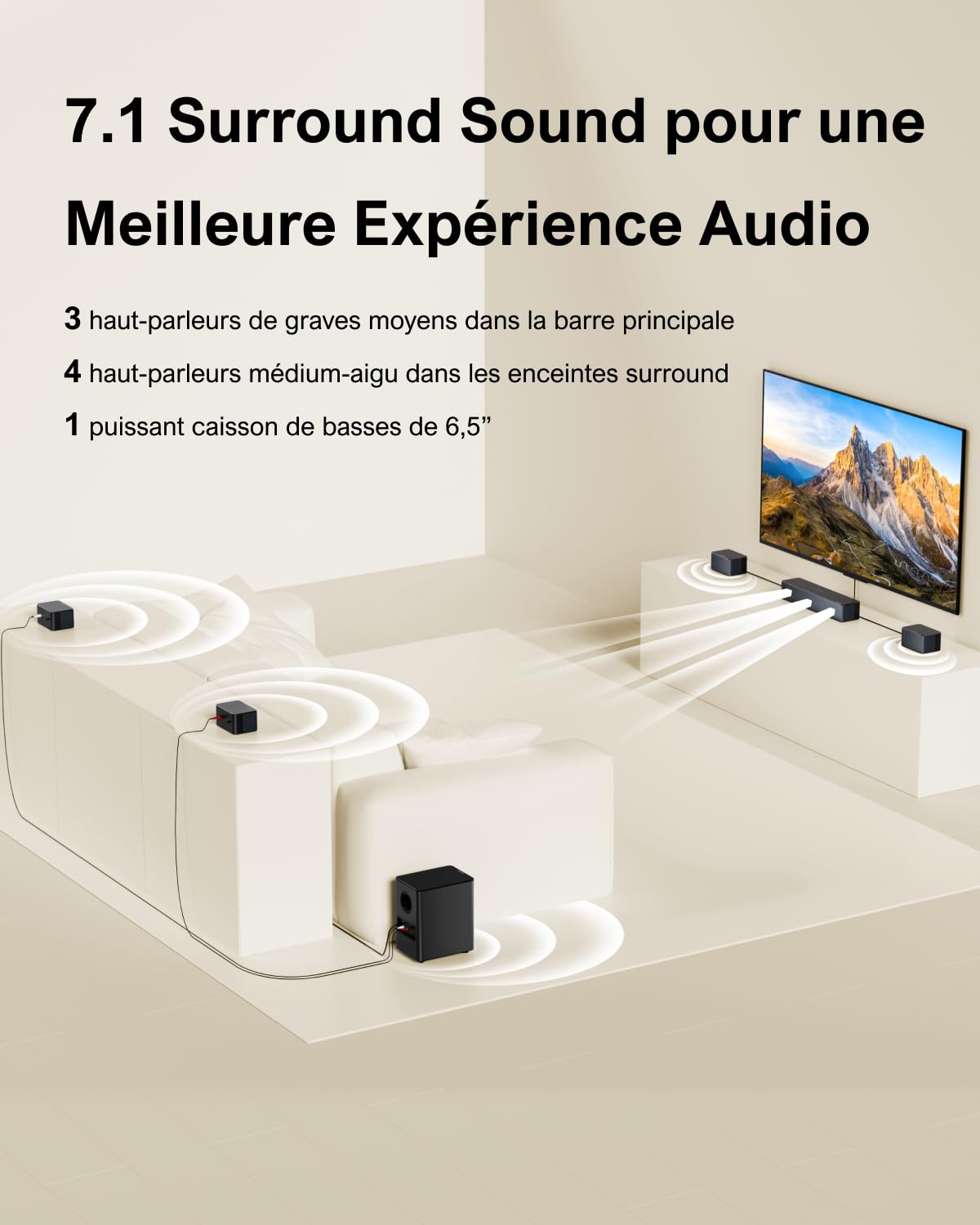 ULTIMEA 7.1ch Sound Bar with Wireless Subwoofer - Virtual Surround Sound System for TV, App Control, 4 Wired Surround Speakers - Perfect for Home Theater, Movies & Gaming (Poseidon D70 Model)