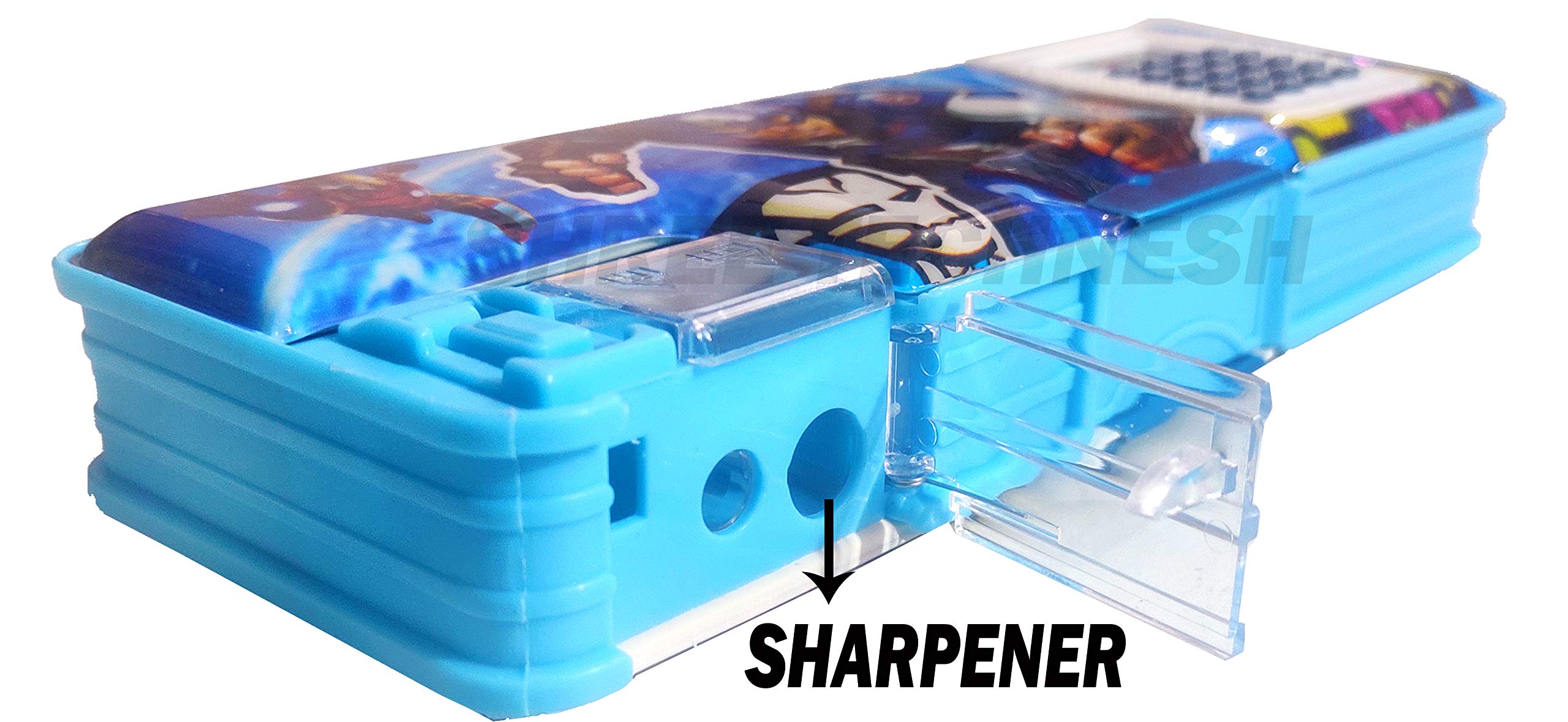 SHREE TECHNESH® Superhero-Themed Dual-Sided Pencil Case with Built-in Calculator & Gun Pen - Perfect for School, Office & Gift Giving